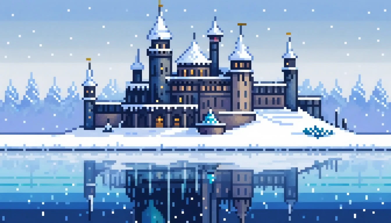 pixel art, icy kingdowm, a castle in a snowy day, lakes aside the castle