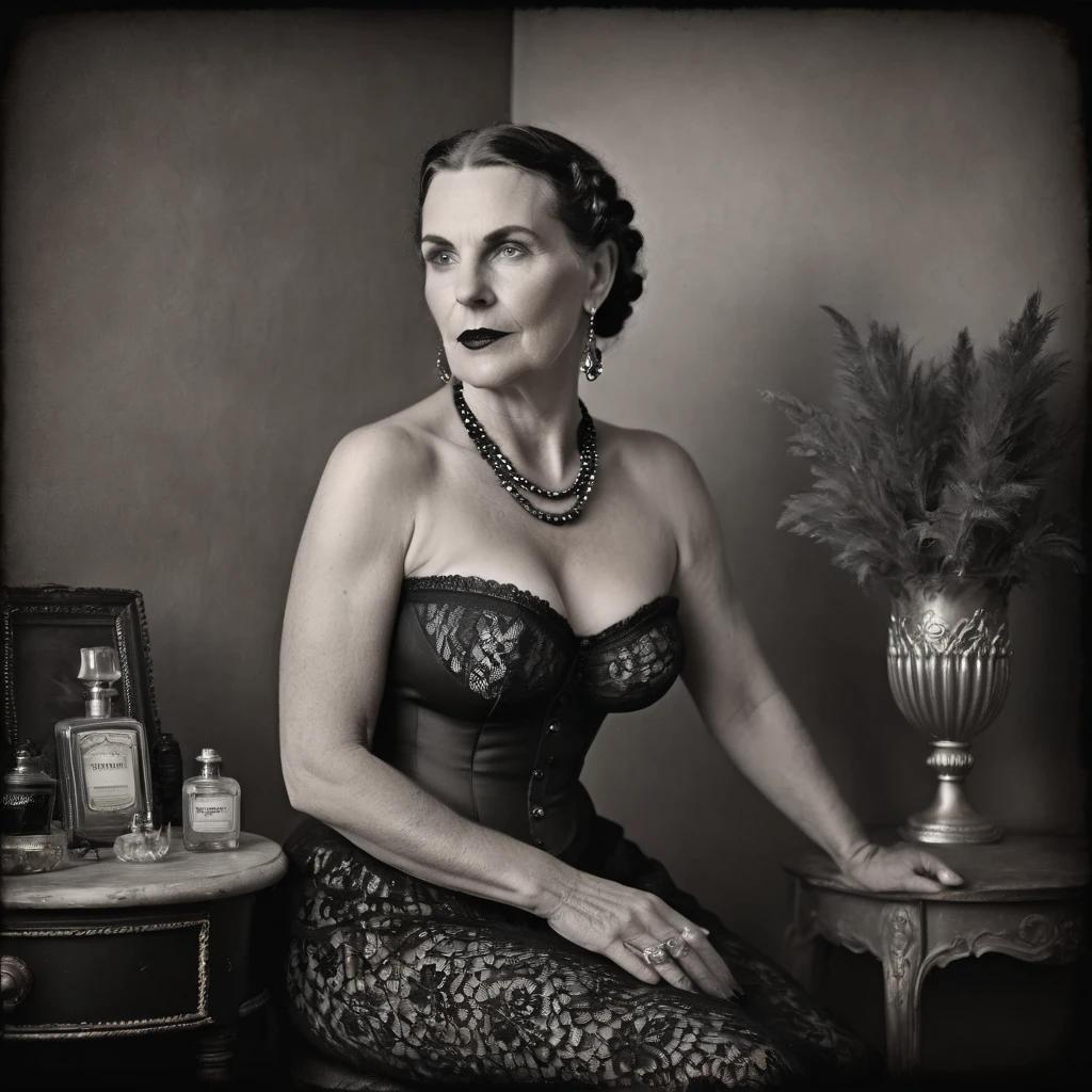 tintype photo, black and white boudoir photography of an attractive austrian happy woman, age 68, black hair styled in braided cornrows, curvy body, embodying grace and poise in a stunning black lace corset and stockings. she sits serenely in front of a vintage vanity table adorned with a captivating array of antique perfume bottles, the soft diffused lighting casting a warm and intimate glow over the scene. the vintage and glamorous effect enhances the ambiance, creating a mood of sophistication and allure reminiscent of helmut newton's iconic aesthetic. this composition captures a moment of quiet elegance and understated sexuality, celebrating the beauty and confidence of the subject, perfect hands, perfect body
