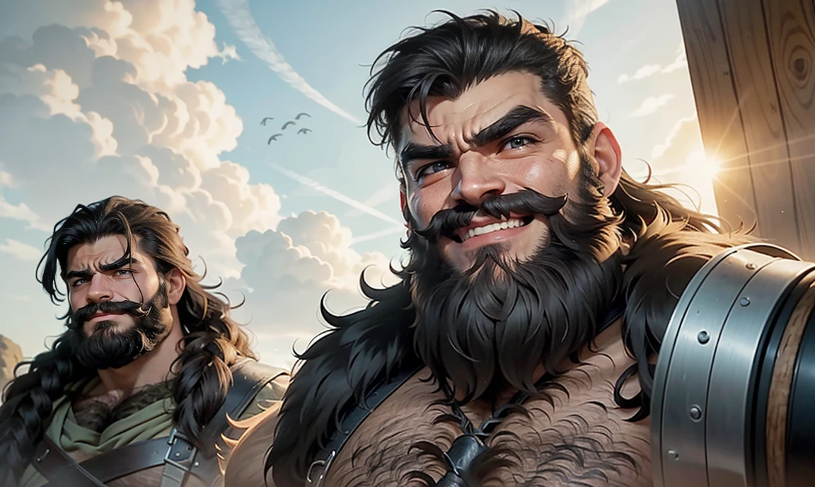 realistic. close-up 3 extremely-hairy hulking sexy handsome unique Neolithic brothers wearing fur wraps and carrying Neolithic weapons. long wild messy masculine hair. grizzled beard. heavy brow ridges with very thick monobrows. thick lips. very hairy chests. ((1 tall wild furious and glaring fiercely. 1 smiling smirking at you. 1 watching you curiously.)) ((looming over you, looking down at you. suspicious expression.)) Neolithic sunny forest background.