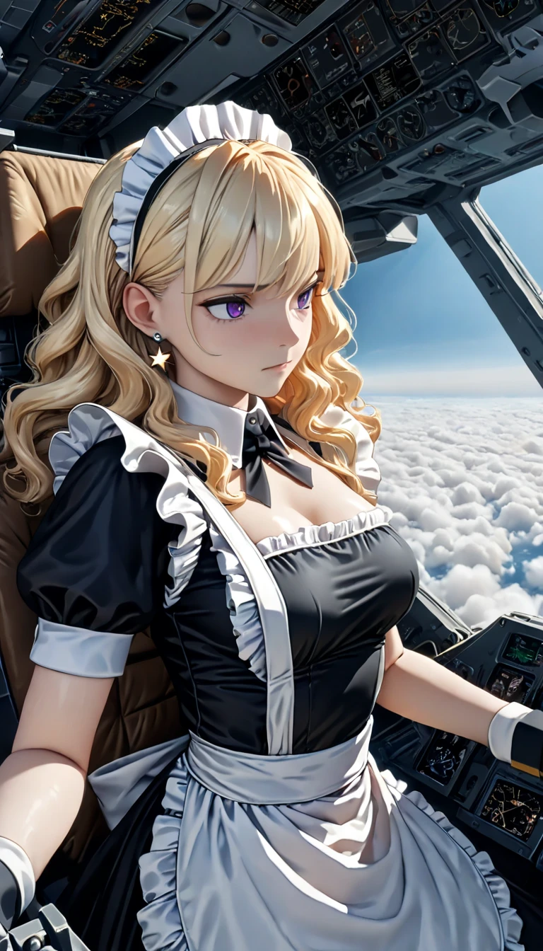 (( best quality)), ((masterpiece)), (  Details),  perfect face, (( best quality, 8k, masterpiece: 1.3)),  sharp concentration, Highly   Details face and skin texture,  detail eyes,  Light Blonde , Shoulder length,  wavy hair,  star earrings ,  Ruffled Maid Outfit, White collar,  high definition , textured skin, Anime Style,  Maid Boarding a Fighter , Maid as a Pilot , Inside the cockpit, air force,  flying above the clouds 