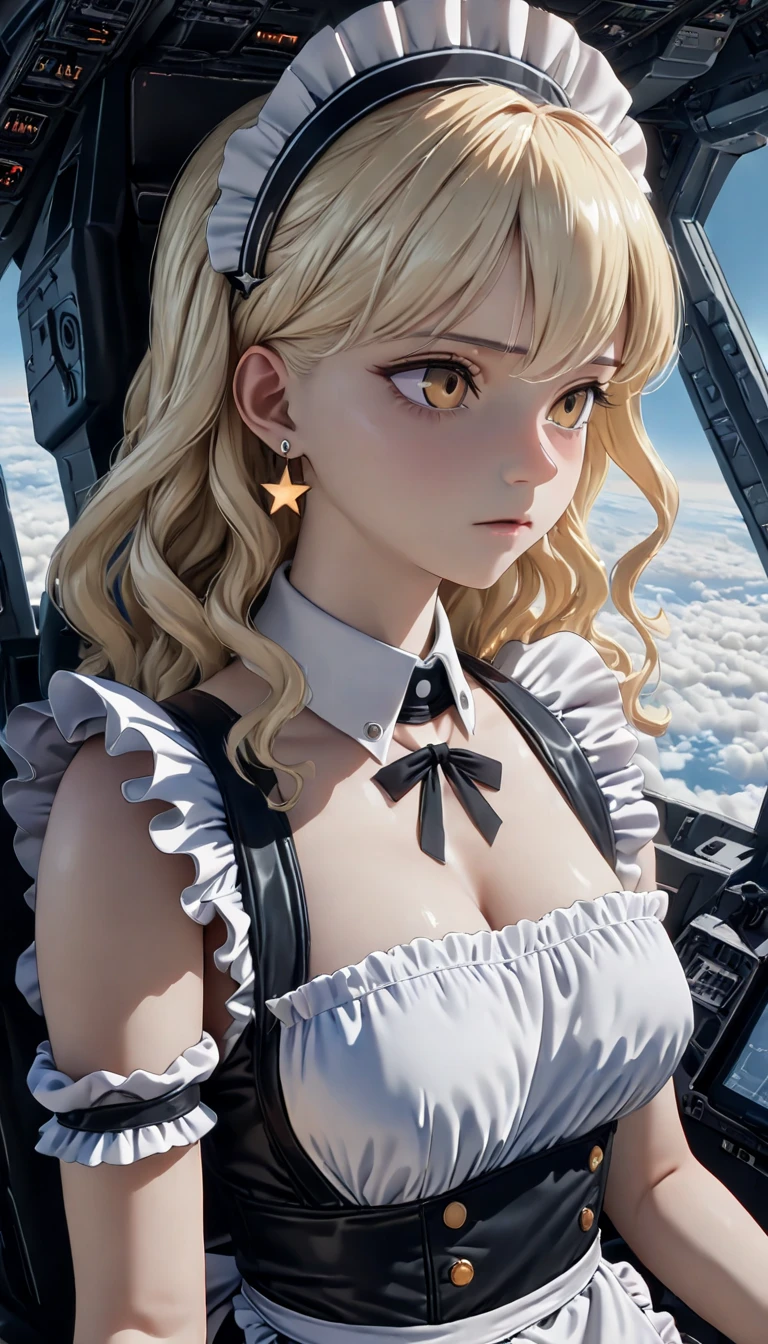 (( best quality)), ((masterpiece)), (  Details),  perfect face, (( best quality, 8k, masterpiece: 1.3)),  sharp concentration, Highly   Details face and skin texture,  detail eyes,  Light Blonde , Shoulder length,  wavy hair,  star earrings ,  Ruffled Maid Outfit, White collar,  high definition , textured skin, Anime Style,  Maid Boarding a Fighter , Maid as a Pilot , Inside the cockpit, air force,  flying above the clouds 