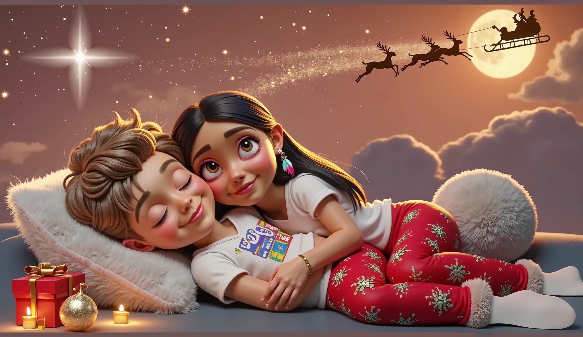 A touching and high resolution 3D illustration inspired by Disney Pixar art, featuring a cute boy and girl, lying down and surely asleep under the night sky. They are hugging each other, their faces resting gently on the soft cloud-shaped pillow, and smiling slightly. The boy has very light brown hair slightly curly, cut short on the sides, and tanned skin, while the girl has long, straight, black hair with a colorful feather earring and light brown skin of a Brazilian Indian, beautiful, sensual, attractive and provocative, . They wear white T-shirts and red pants adorned with Christmas motifs and white Christmas socks. The sky above them is bathed in an orange hue, with starry stars twinkling and a guiding star shining brightly. A full moon is eclipsed by the shadow of a flying sleigh that leaves a radiant trail in its wake. The scene exudes a vibrant, Christmassy feel in a breathtaking landscape, where they appear to sleep among white cumulonimbus clouds.