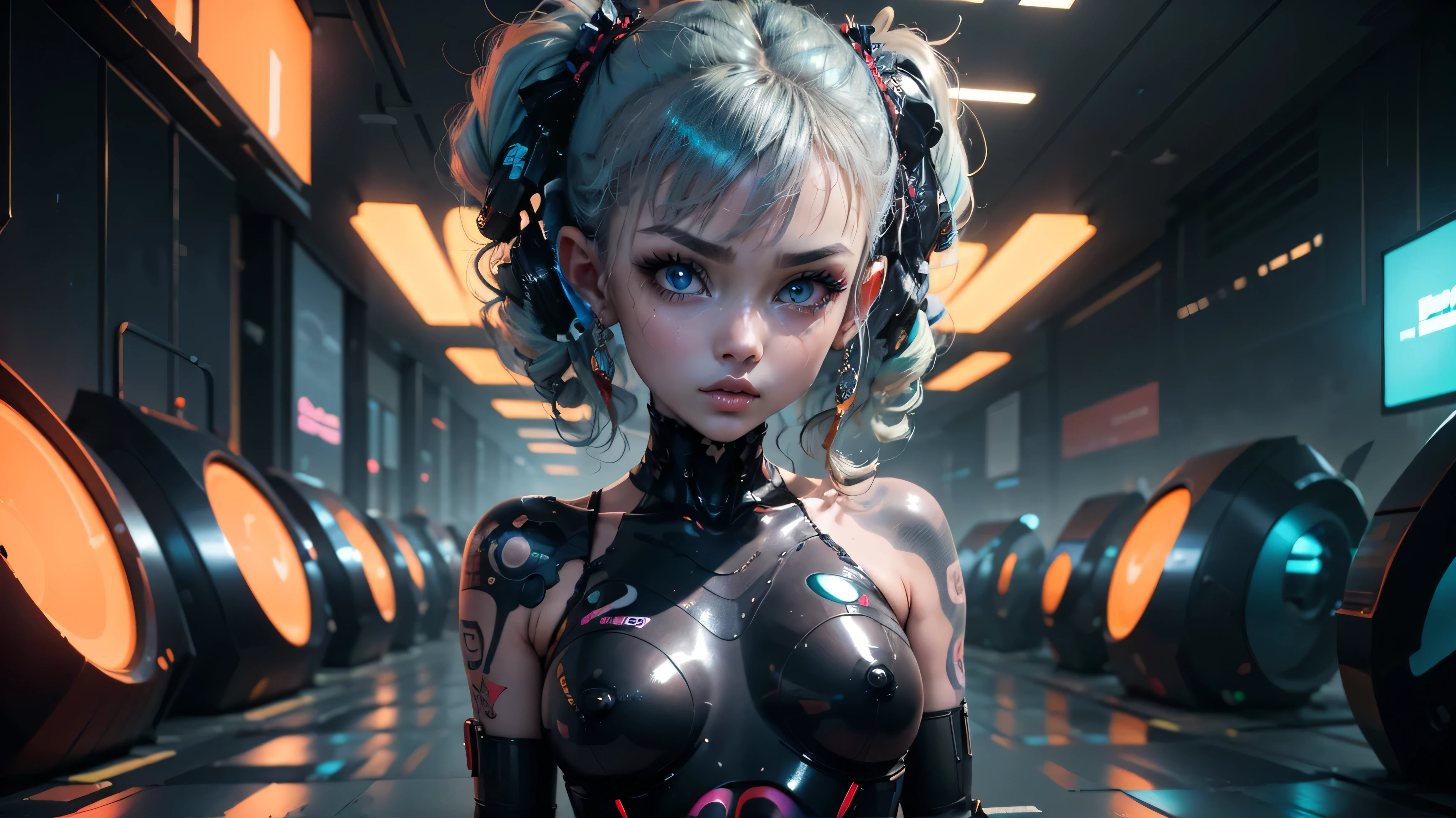 Extraordinary wide angle portrait, cute cyberpunk alien species, beautiful face, seductive, sexy, ((standing in front of futuristic background)), orange tech fashion, professional photography, tech style, 8K HD, Adorable, Cute Tattoos，Cute & Sexy，Body tattoos,