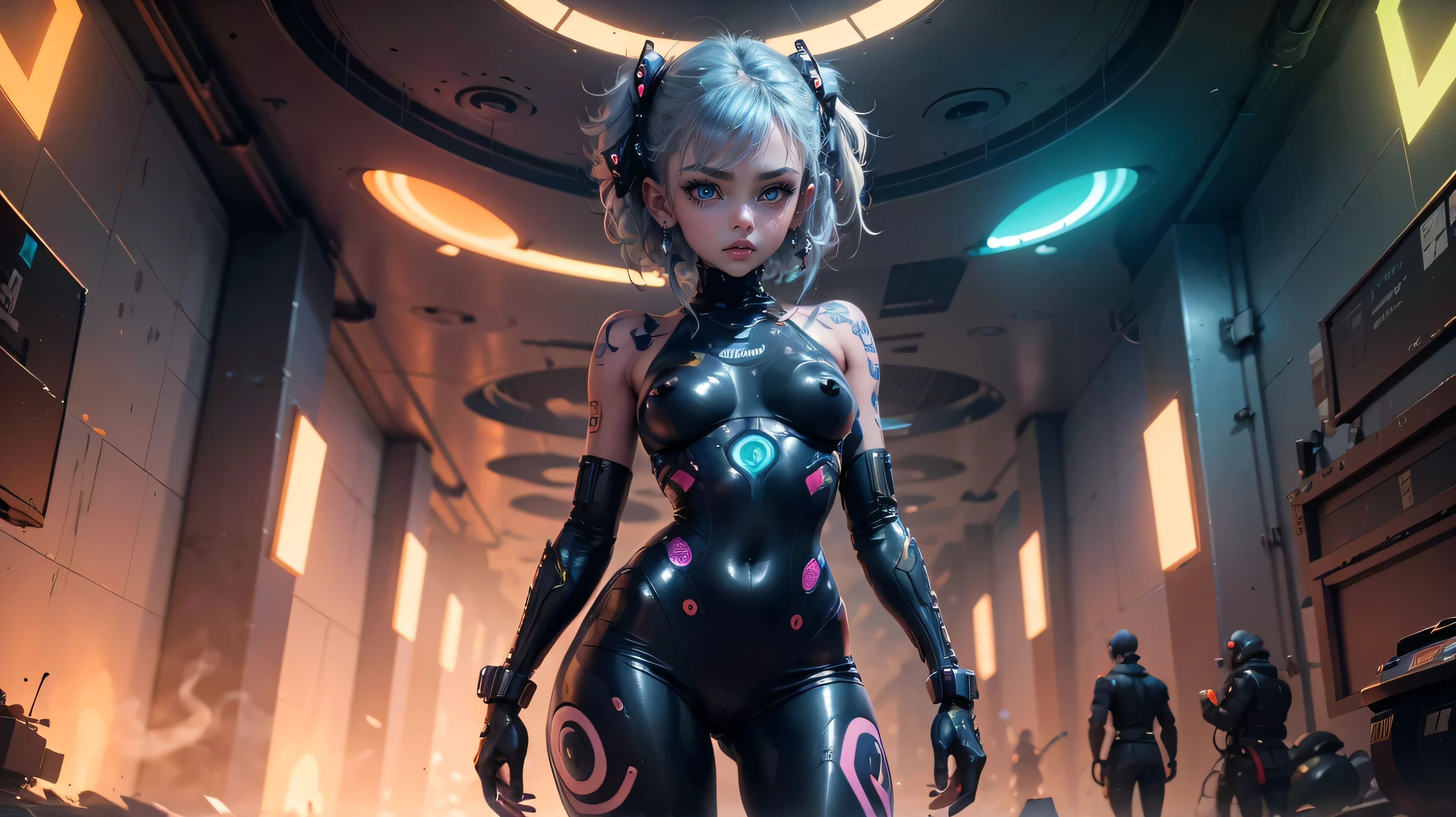 Extraordinary wide angle portrait, cute cyberpunk alien species, beautiful face, seductive, sexy, ((standing in front of futuristic background)), orange tech fashion, professional photography, tech style, 8K HD, Adorable, Cute Tattoos，Cute & Sexy，Body tattoos,