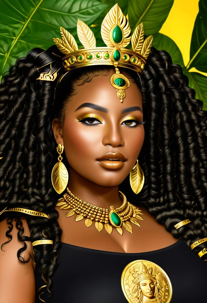 Queen Califia. Black amazon warrior queen. Marijuana cannabis leaves. She is radiant. She is beautiful and bold. Her thick hair is large under her crown. She is adorned in heavy gold jewelry. She is curvy and seductive.  Coat of arms. 