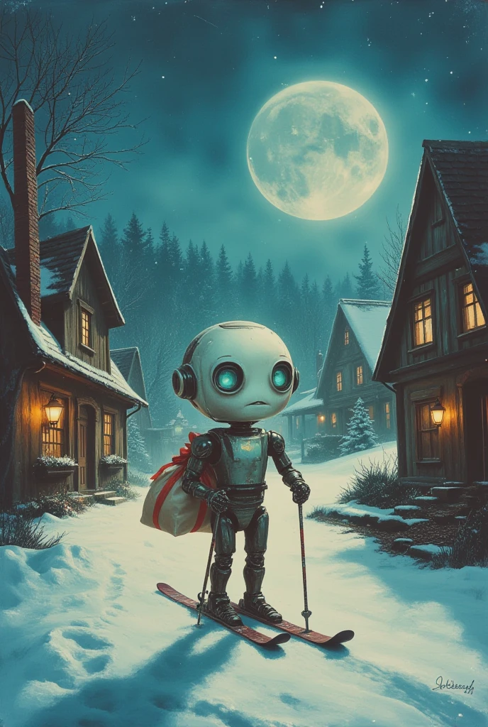 Full length view. A little funny robot goes skiing with a bag of gifts to a fairytale village, night, 1 crescent moon in the sky, fairytale atmosphere, porcelain face and head, big turquoise eyes, best quality. Beautiful cinematic impressionistic painting, minimalism. Darkly creepy in the style of Jeremy Mann and Charles Dana Gibson,Mark Demsteder, Paul Hedley, Perfect Composition, Insanely Beautiful Detailed Octane Rendering, Artstation Trend, 8k Fine Art Photography, Photorealistic Concept Art, Programmed Natural Volume, Cinematic Perfect Light, Chiaroscuro, Award Winning Photography, Masterpiece, Oil on Canvas, Raphael, Caravaggio, Greg Rutkowski , Beeple, Beksinski, Giger, Ultra HD, realistic, vibrant colors, high detail, UHD image, pen and ink, perfect composition, beautifully detailed complex, insanely detailed octane rendering, artstation trends, 8k art photography, photorealistic concept art, soft natural
