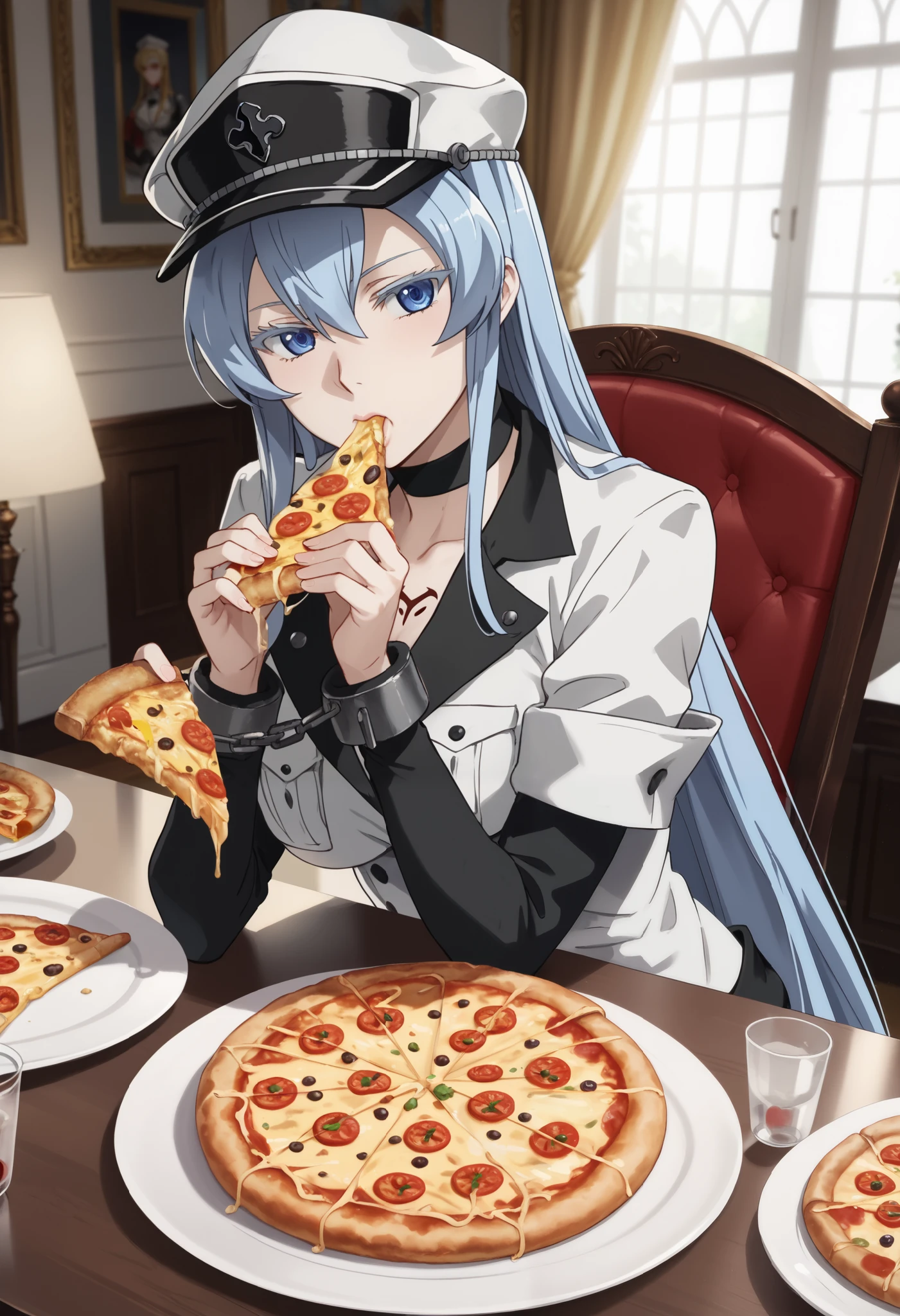 esdeath, 1girl, blue eyes, light blue hair, long hair, eyelashes, outfit black, red face, sitting, looking at viewer, eating, pizza, plate, table, chair, table, dinner room background, kitchen background, cinematic angle, cinematic lighting, masterpiece, best quality, wears white tight bikini, white bikini, hat, chained