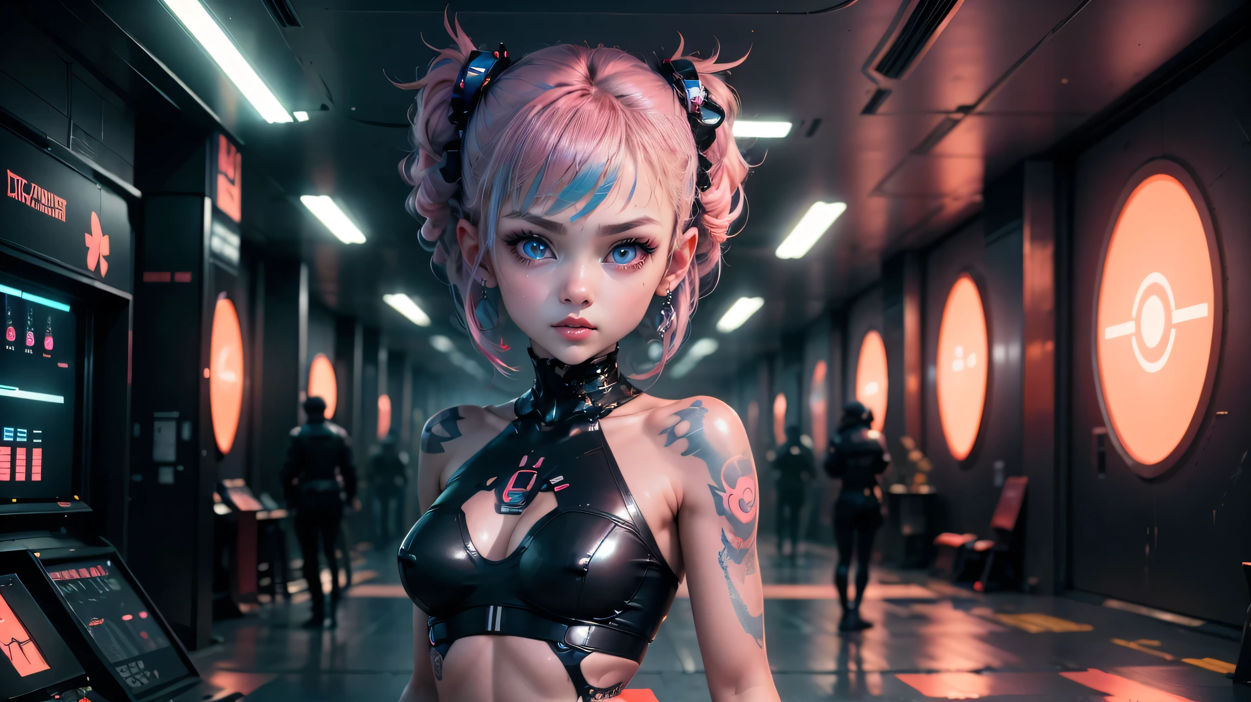 Extraordinary wide angle portrait, cute cyberpunk alien species, beautiful face, seductive, sexy, ((standing in front of futuristic background)), orange tech fashion, professional photography, tech style, 8K HD, Adorable, Cute Tattoos，Cute & Sexy，Body tattoos,