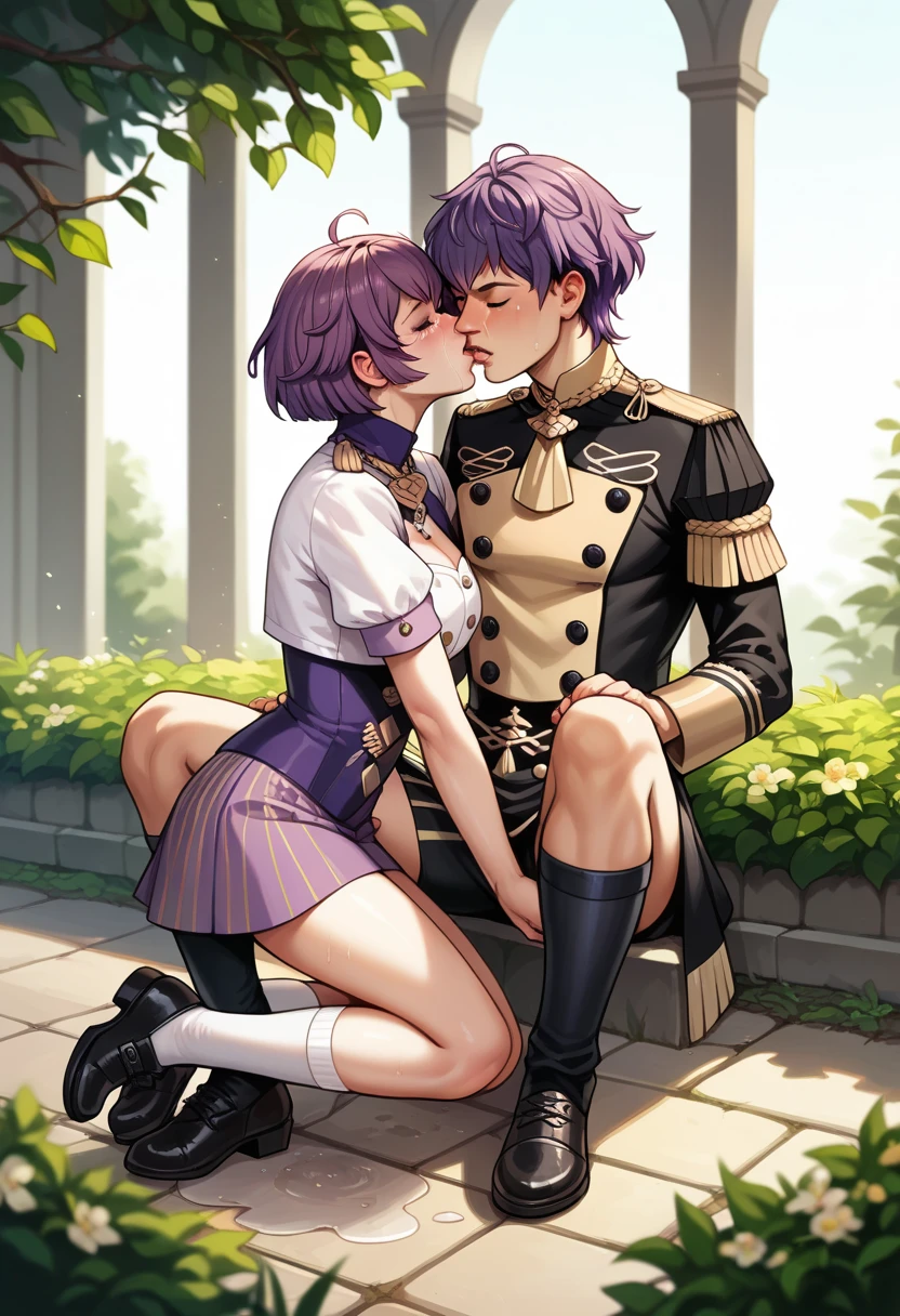 Illustration, realistic proportions, Bernadetta von Varley from Fire Emblem Three Houses,  Garreg Mach Monastery uniform, ((in a greenhouse)), sitting in a puddle, hand on back of head, crying, eyes closed, giving an air kiss, pink striped panty, panty shot