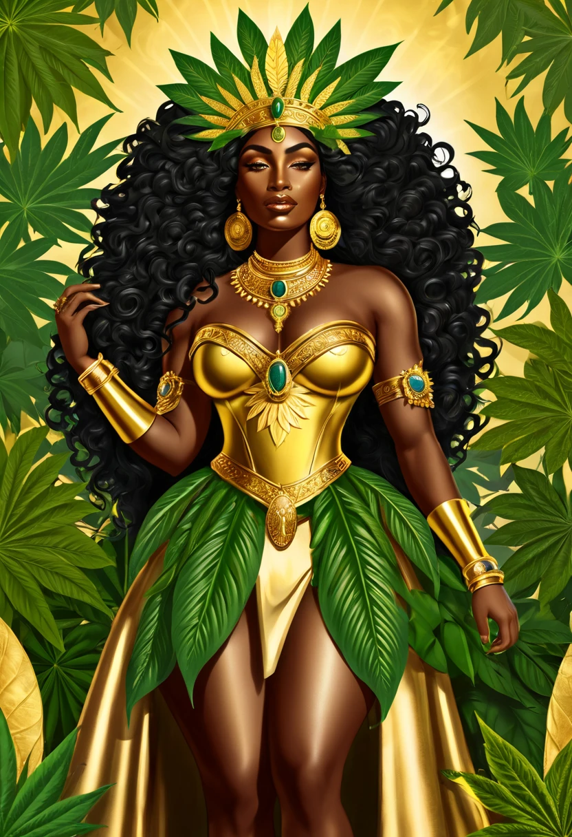 Queen Califia. Black amazon warrior queen. Marijuana cannabis leaves. She is radiant. She is beautiful and bold. Her thick hair is large under her crown. She is adorned in heavy gold jewelry. She is curvy and seductive.  Coat of arms. 