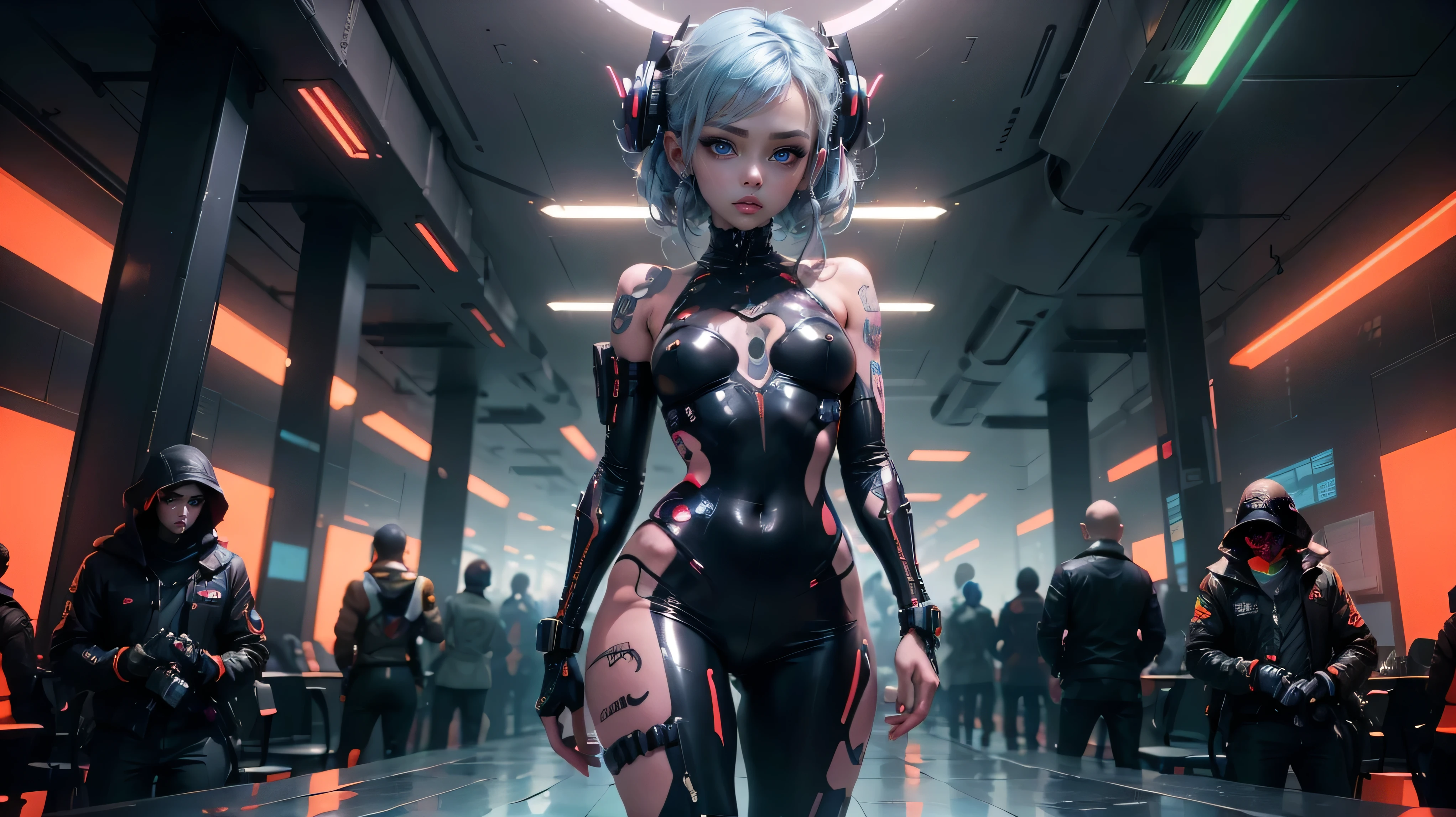 Extraordinary wide angle portrait, cute cyberpunk alien species, beautiful face, seductive, sexy, ((standing in front of futuristic background)), orange tech fashion, professional photography, tech style, 8K HD, Adorable, Cute Tattoos，Cute & Sexy，Body tattoos,