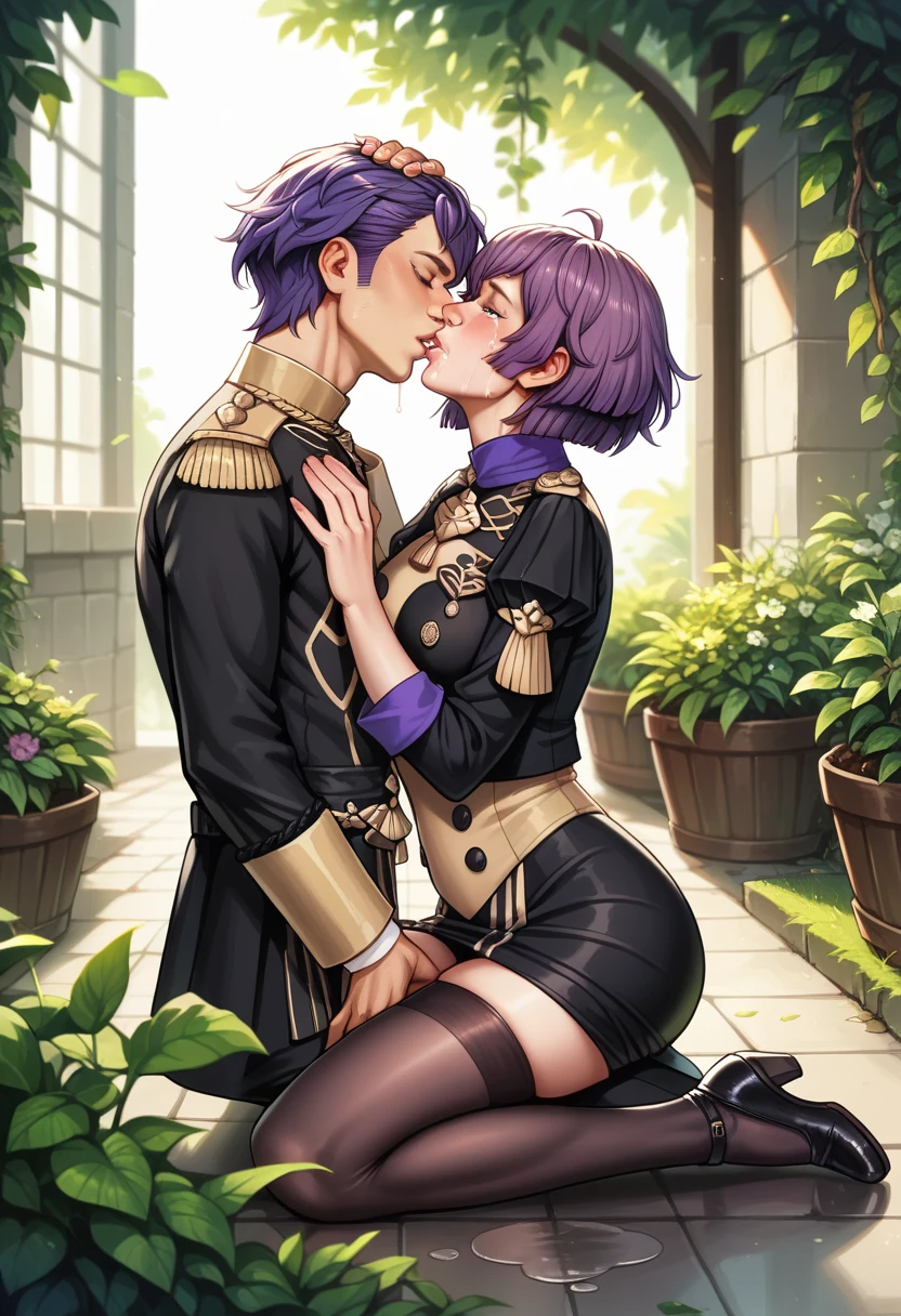 Illustration, realistic proportions, Bernadetta von Varley from Fire Emblem Three Houses,  Garreg Mach Monastery uniform, ((in a greenhouse)), sitting in a puddle, hand on back of head, crying, eyes closed, lips formed for a kiss, pink striped panty, panty shot