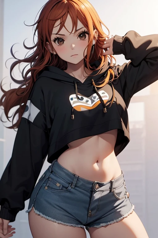 nami, decently large breasts, very round breasts, perfect breasts, cute, wide hips, large black hoodie, short shorts, cute, crop top overhang, loose crop top, hanging crop top, long hair, solo, cute eyes, long sleeve, curvy, oversized hoodie, baggy sleeves, large sleeves