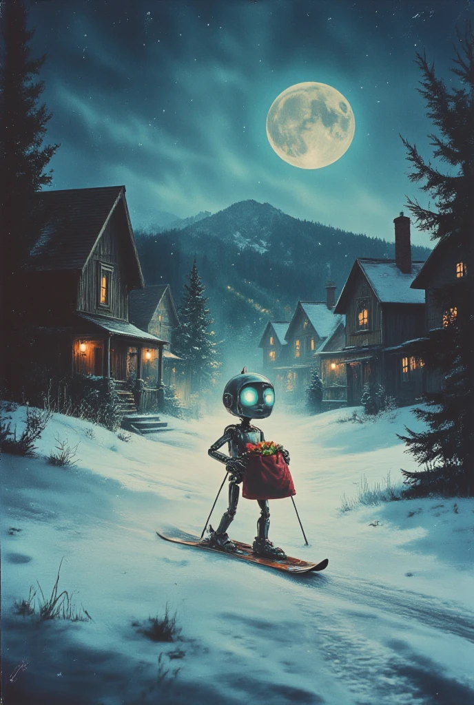 Full length view. A little funny robot goes skiing with a bag of gifts to a fairytale village, night, 1 crescent moon in the sky, fairytale atmosphere, porcelain face and head, big turquoise eyes, best quality. Beautiful cinematic impressionistic painting, minimalism. Darkly creepy in the style of Jeremy Mann and Charles Dana Gibson,Mark Demsteder, Paul Hedley, Perfect Composition, Insanely Beautiful Detailed Octane Rendering, Artstation Trend, 8k Fine Art Photography, Photorealistic Concept Art, Programmed Natural Volume, Cinematic Perfect Light, Chiaroscuro, Award Winning Photography, Masterpiece, Oil on Canvas, Raphael, Caravaggio, Greg Rutkowski , Beeple, Beksinski, Giger, Ultra HD, realistic, vibrant colors, high detail, UHD image, pen and ink, perfect composition, beautifully detailed complex, insanely detailed octane rendering, artstation trends, 8k art photography, photorealistic concept art, soft natural
