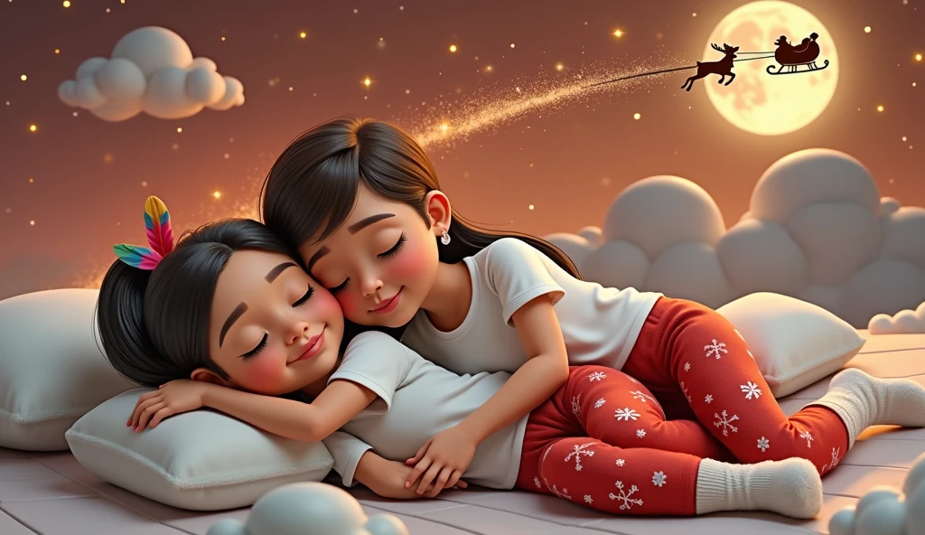 A touching and high resolution 3D illustration inspired by Disney Pixar art, featuring a cute boy and girl, lying down and surely asleep under the night sky. They are hugging each other, their faces resting gently on the soft cloud-shaped pillow, and smiling slightly. The boy has very light brown hair slightly curly, cut short on the sides, and tanned skin, while the girl has long, straight, black hair with a colorful feather earring and light brown skin of a Brazilian Indian, beautiful, sensual, attractive and provocative, . They wear white T-shirts and red pants adorned with Christmas motifs and white Christmas socks. The sky above them is bathed in an orange hue, with starry stars twinkling and a guiding star shining brightly. A full moon is eclipsed by the shadow of a flying sleigh that leaves a radiant trail in its wake. The scene exudes a vibrant, Christmassy feel in a breathtaking landscape, where they appear to sleep among white cumulonimbus clouds.