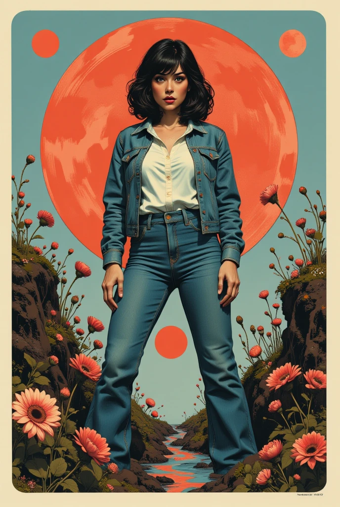 muted vivid colors, 70s abstract poster illustration, mid-aged woman in flared tight denim jeans and blouse and denim jacket,  indulging in a shameful fetishes with despair and ecstasy , sexy pludged sinking in a sludge pit , floral patterns and symbols, 