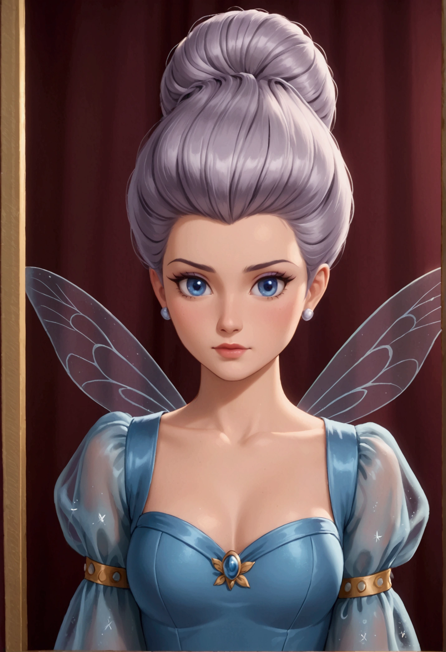 A female animated character with a short, voluminous hairstyle in a retro glamorous style. Fairy Wings. Her hair is silver with a subtle shine, shaped into a rounded bob cut with significant volume on the top and sides. The ends are gently curled, and she has a perfectly aligned short fringe that frames her face elegantly. She wears a stunning, elaborate blue gown with intricate embroidery and shimmering details, resembling starlight. The dress features flowing, layered fabrics that give it a magical, ethereal quality, with translucent sleeves that add to its enchanted appearance. Her look exudes elegance, drama, and authority, perfectly matching her theatrical and sophisticated persona as a magical fairy.