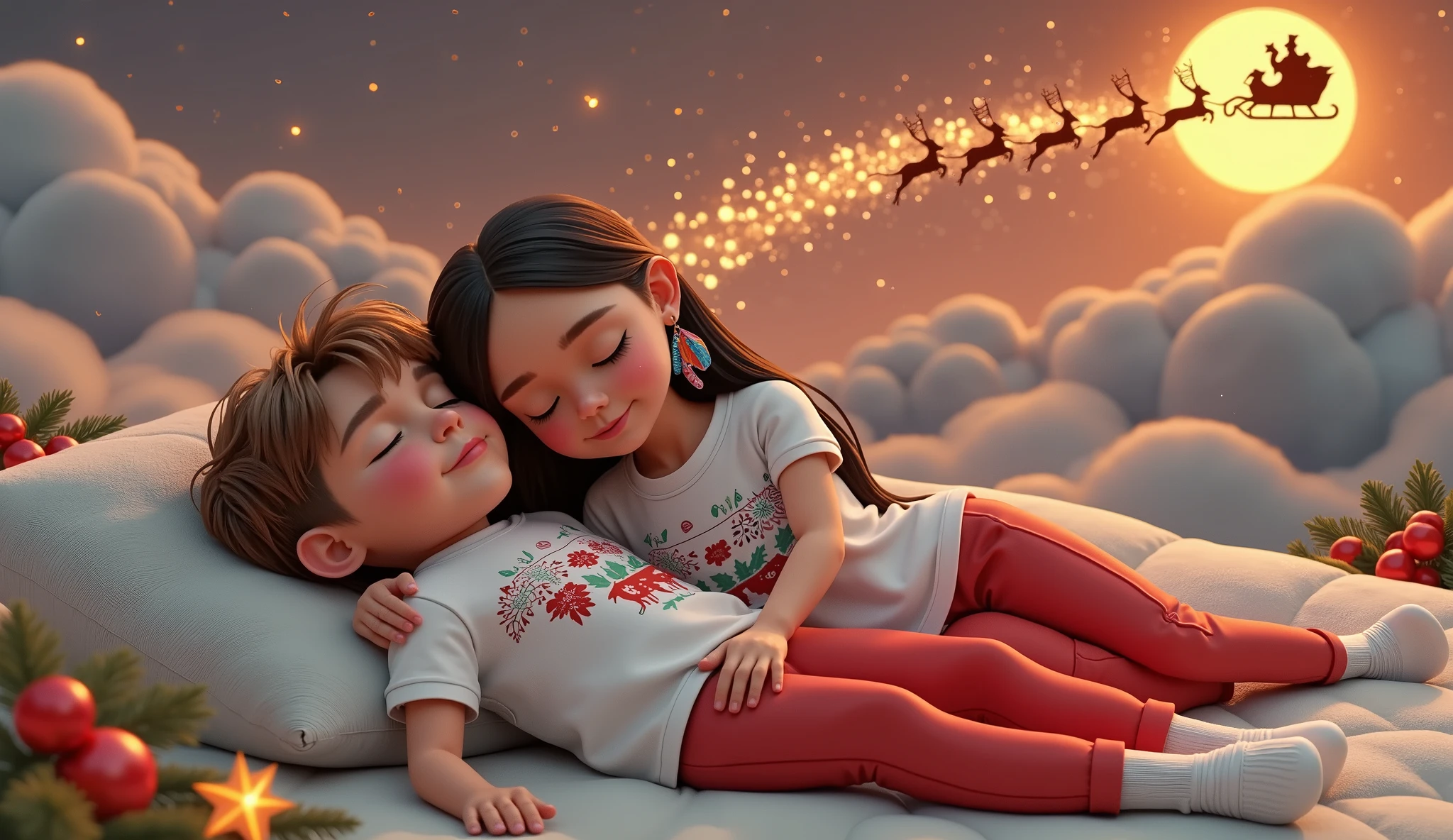 A touching and high resolution 3D illustration inspired by Disney Pixar art, featuring a cute boy and girl, lying down and surely asleep under the night sky. They are hugging each other, their faces resting gently on the soft cloud-shaped pillow, and smiling slightly. The boy has very light brown hair slightly curly, cut short on the sides, and tanned skin, while the girl has long, straight, black hair with a colorful feather earring and light brown skin of a Brazilian Indian, beautiful, sensual, attractive and provocative, . They wear white T-shirts and red pants adorned with Christmas motifs and white Christmas socks. The sky above them is bathed in an orange hue, with starry stars twinkling and a guiding star shining brightly. A full moon is eclipsed by the shadow of a flying sleigh that leaves a radiant trail in its wake. The scene exudes a vibrant, Christmassy feel in a breathtaking landscape, where they appear to sleep among white cumulonimbus clouds.