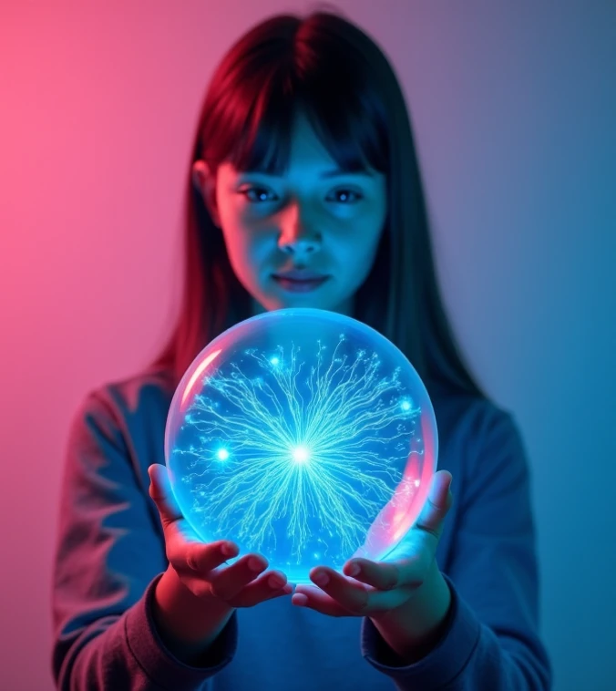 a close-up of a blonde child with long hair, BIG BALL OF electrified ICE IN HANDS. Smoke green.