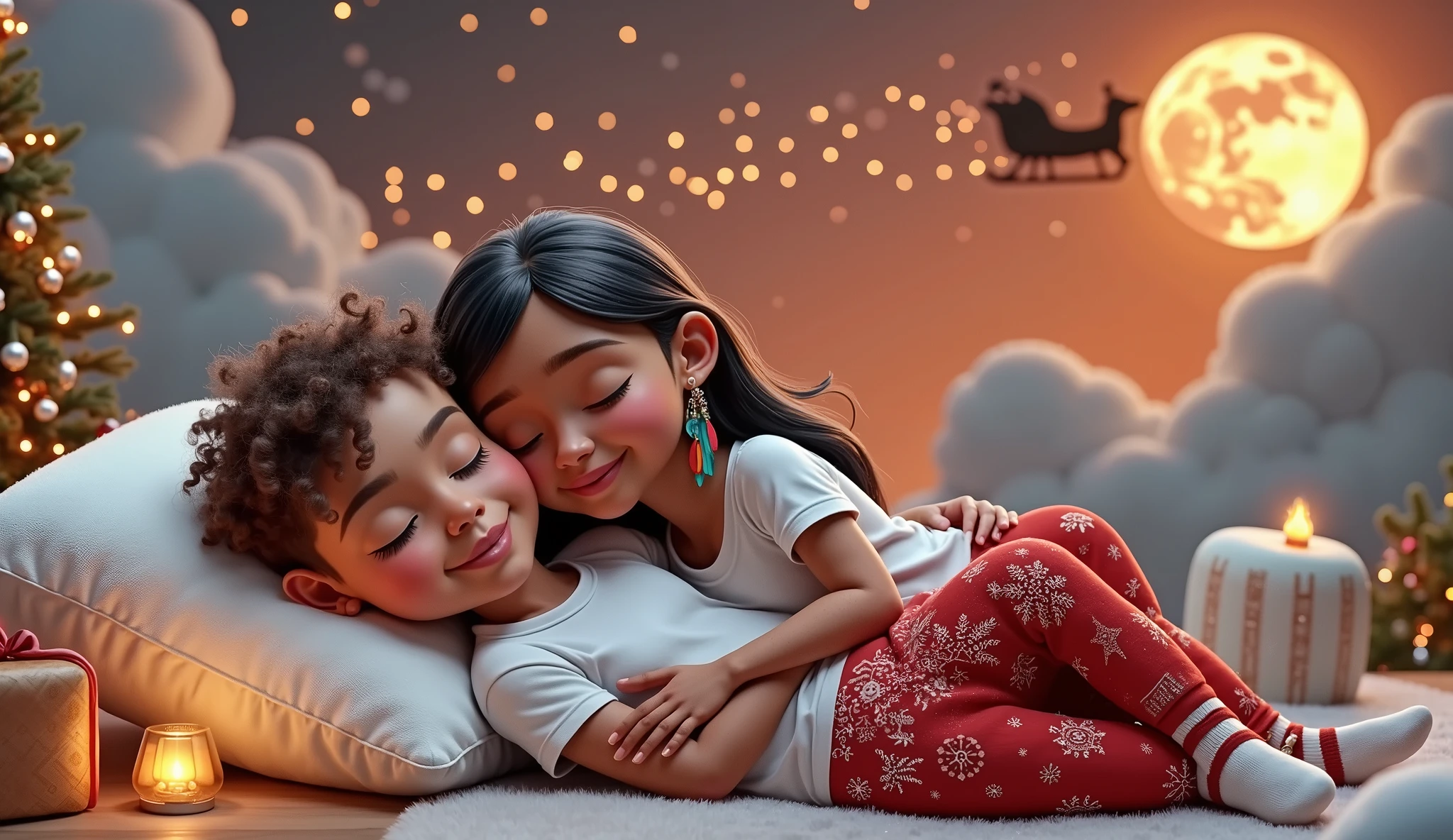 A touching and high resolution 3D illustration inspired by Disney Pixar art, featuring a cute boy and girl, lying down and surely asleep under the night sky. They are hugging each other, their faces resting gently on the soft cloud-shaped pillow, and smiling slightly. The boy has very light brown hair slightly curly, cut short on the sides, and tanned skin, while the girl has long, straight, black hair with a colorful feather earring and light brown skin of a Brazilian Indian, beautiful, sensual, attractive and provocative, . They wear white T-shirts and red pants adorned with Christmas motifs and white Christmas socks. The sky above them is bathed in an orange hue, with starry stars twinkling and a guiding star shining brightly. A full moon is eclipsed by the shadow of a flying sleigh that leaves a radiant trail in its wake. The scene exudes a vibrant, Christmassy feel in a breathtaking landscape, where they appear to sleep among white cumulonimbus clouds.