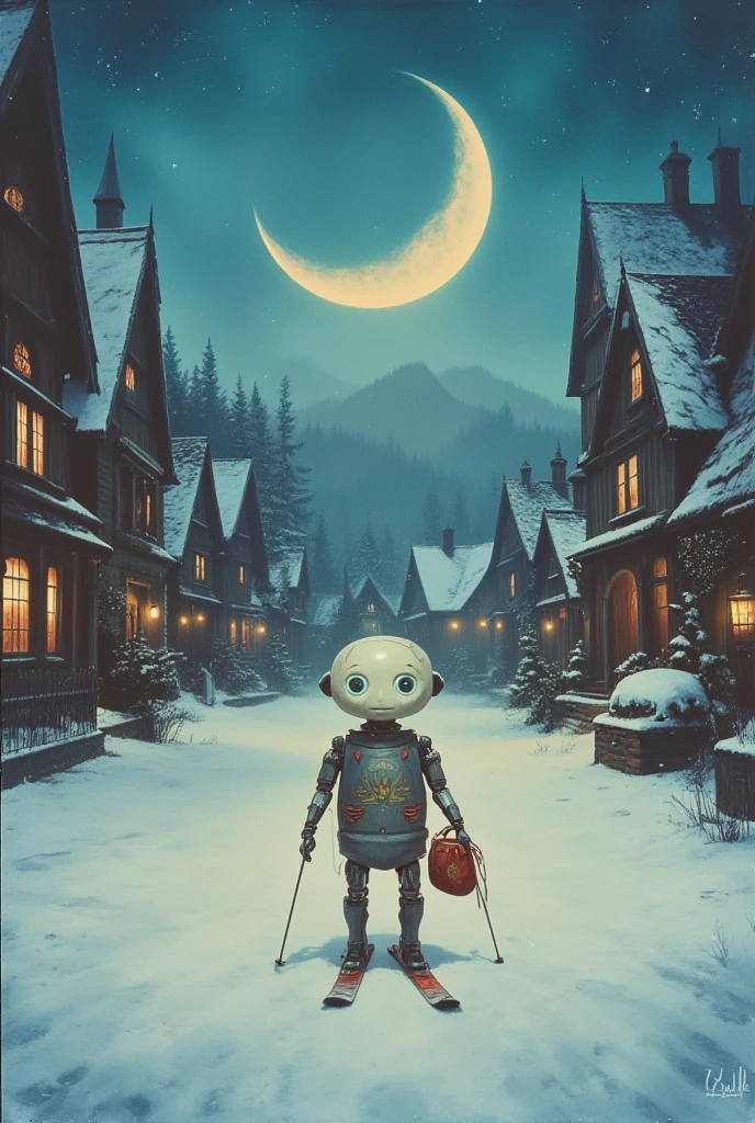 Full length view. A little funny robot goes skiing with a bag of gifts to a fairytale village, night, 1 crescent moon in the sky, fairytale atmosphere, porcelain face and head, big turquoise eyes, best quality. Beautiful cinematic impressionistic painting, minimalism. Darkly creepy in the style of Jeremy Mann and Charles Dana Gibson,Mark Demsteder, Paul Hedley, Perfect Composition, Insanely Beautiful Detailed Octane Rendering, Artstation Trend, 8k Fine Art Photography, Photorealistic Concept Art, Programmed Natural Volume, Cinematic Perfect Light, Chiaroscuro, Award Winning Photography, Masterpiece, Oil on Canvas, Raphael, Caravaggio, Greg Rutkowski , Beeple, Beksinski, Giger, Ultra HD, realistic, vibrant colors, high detail, UHD image, pen and ink, perfect composition, beautifully detailed complex, insanely detailed octane rendering, artstation trends, 8k art photography, photorealistic concept art, soft natural
