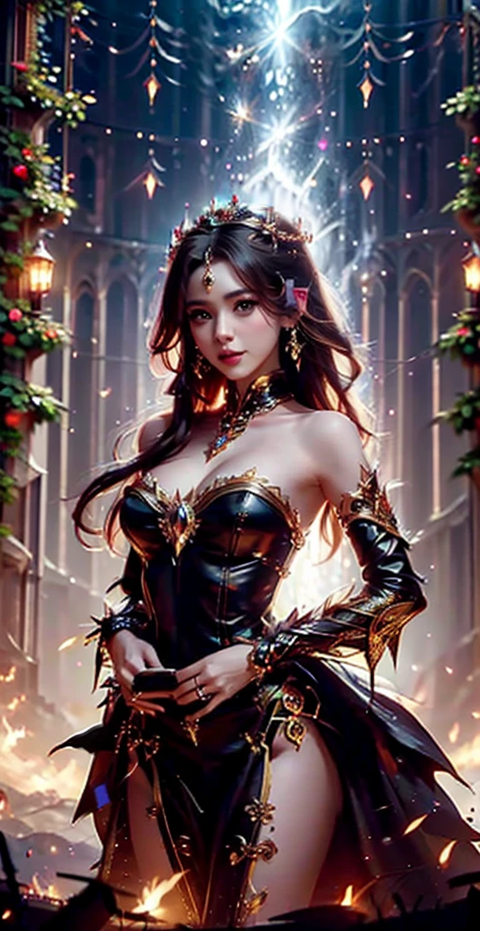 a close up of a woman in a dress posing for a picture, fantasy dress, intricate fantasy dress, fantasy outfit, elegant cinematic pose, beautiful queen, wearing fantasy formal clothing, ornate cosplay, astral witch clothes, succubus in tight short dress, a beautiful sorceress, from overwatch, a beautiful fantasy empress, ((a beautiful fantasy empress))