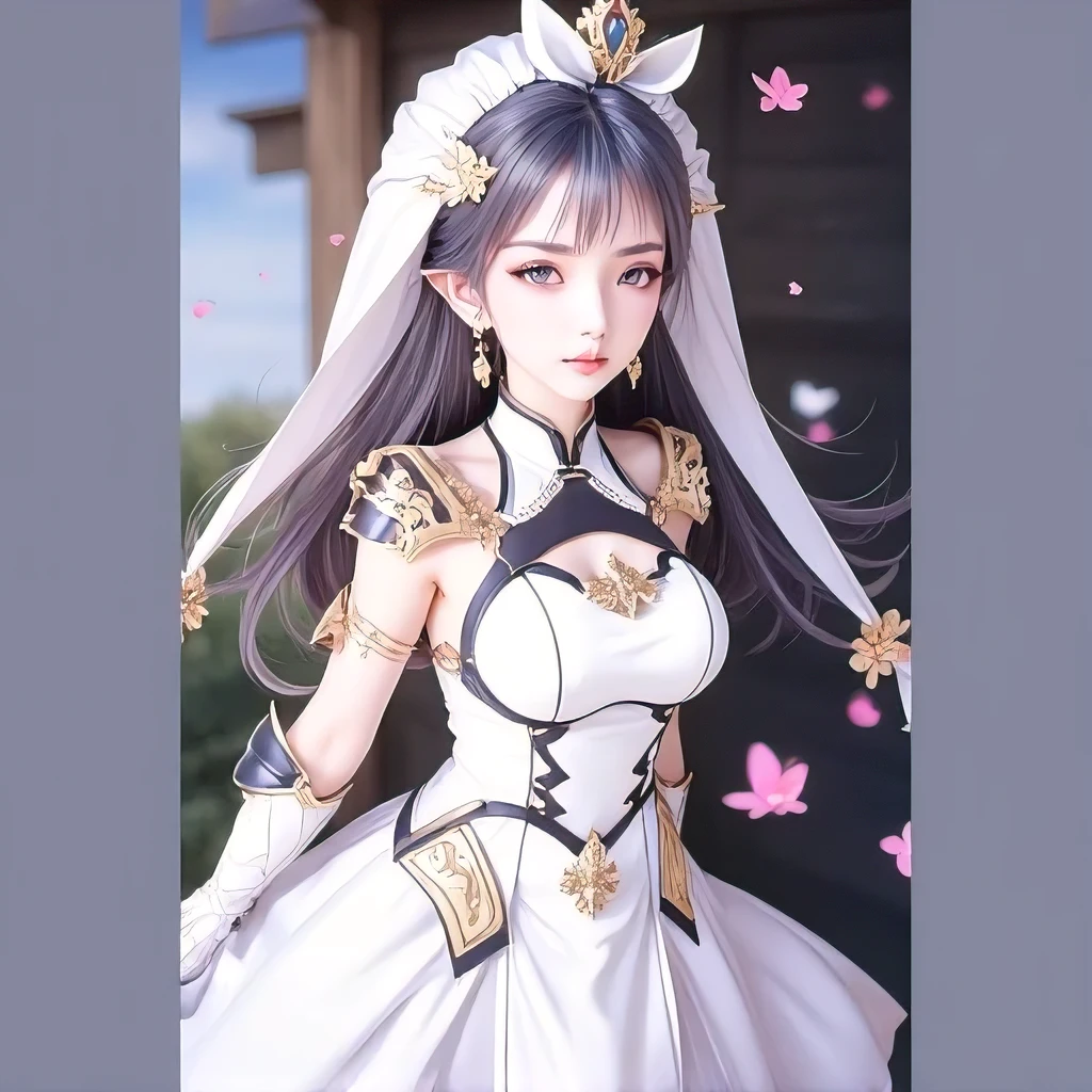 1girl, armor, black_hair, blurry, blurry_background, blurry_foreground, breasts, blue_eyes, closed_mouth, depth_of_field, earrings, jewelry, long_hair, looking_at_viewer, smile, solo, upper_body