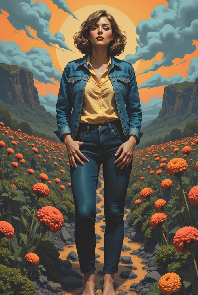 muted vivid colors, 70s abstract poster illustration, mid-aged woman in tight denim jeans and blouse and denim jacket,  indulging in a shameful fetishes with despair and ecstasy , sexy plunged sinking in a sludge pit , floral patterns and symbols, 