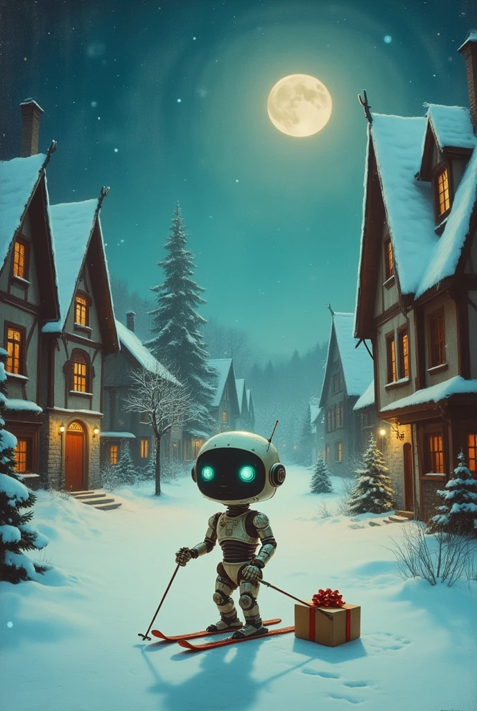 Full length view. A little funny robot goes skiing with a bag of gifts to a fairytale village, night, 1 crescent moon in the sky, fairytale atmosphere, porcelain face and head, big turquoise eyes, best quality. Beautiful cinematic impressionistic painting, minimalism. Darkly creepy in the style of Jeremy Mann and Charles Dana Gibson,Mark Demsteder, Paul Hedley, Perfect Composition, Insanely Beautiful Detailed Octane Rendering, Artstation Trend, 8k Fine Art Photography, Photorealistic Concept Art, Programmed Natural Volume, Cinematic Perfect Light, Chiaroscuro, Award Winning Photography, Masterpiece, Oil on Canvas, Raphael, Caravaggio, Greg Rutkowski , Beeple, Beksinski, Giger, Ultra HD, realistic, vibrant colors, high detail, UHD image, pen and ink, perfect composition, beautifully detailed complex, insanely detailed octane rendering, artstation trends, 8k art photography, photorealistic concept art, soft natural
