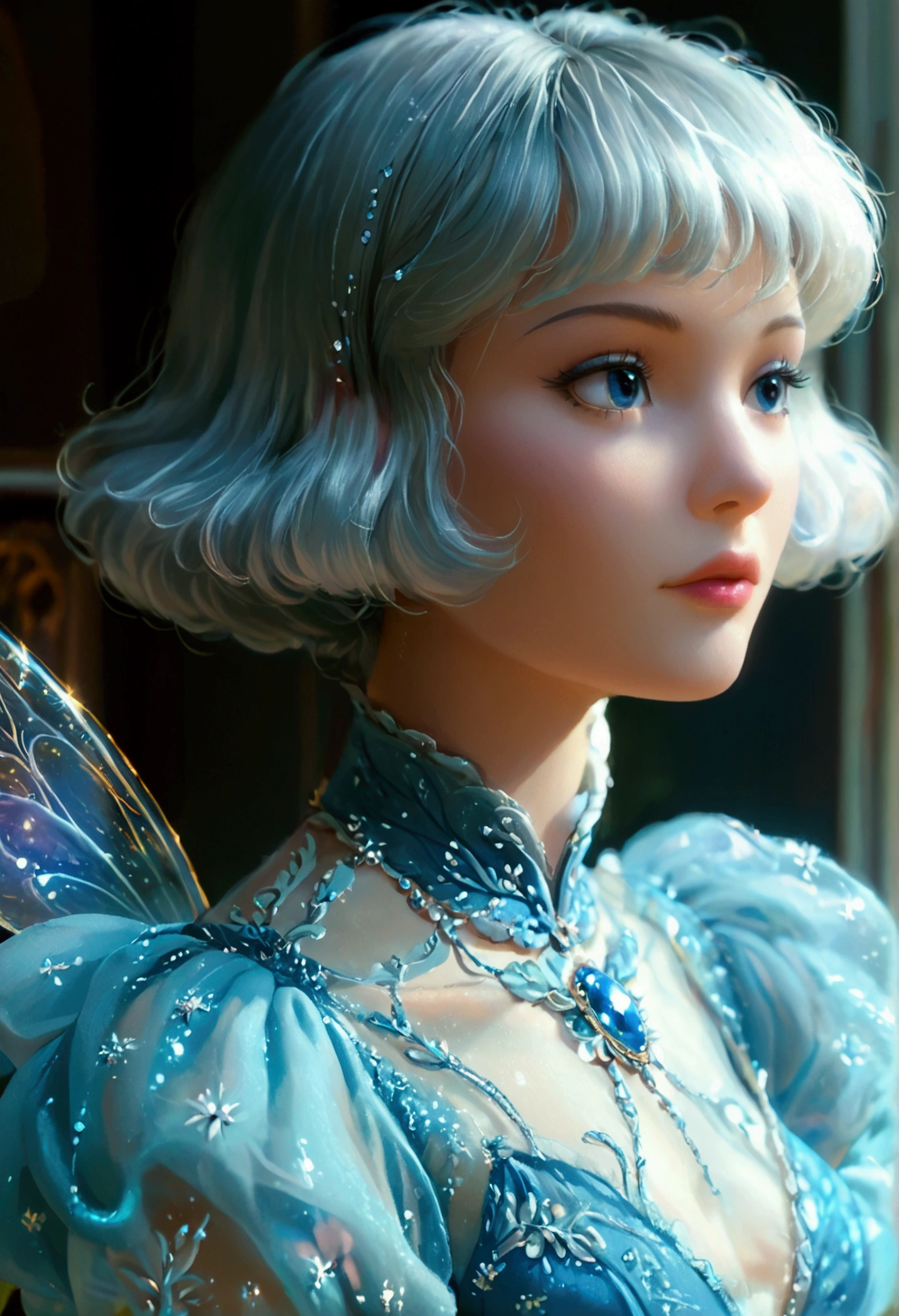 A female animated character with a short, voluminous hairstyle in a retro glamorous style. Fairy Wings, Full body, Her hair is silver with a subtle shine, shaped into a rounded bob cut with significant volume on the top and sides. The ends are gently curled, and she has a perfectly aligned short fringe that frames her face elegantly. She wears a stunning, elaborate blue gown with intricate embroidery and shimmering details, resembling starlight. The dress features flowing, layered fabrics that give it a magical, ethereal quality, with translucent sleeves that add to its enchanted appearance. Her look exudes elegance, drama, and authority, perfectly matching her theatrical and sophisticated persona as a magical fairy.
