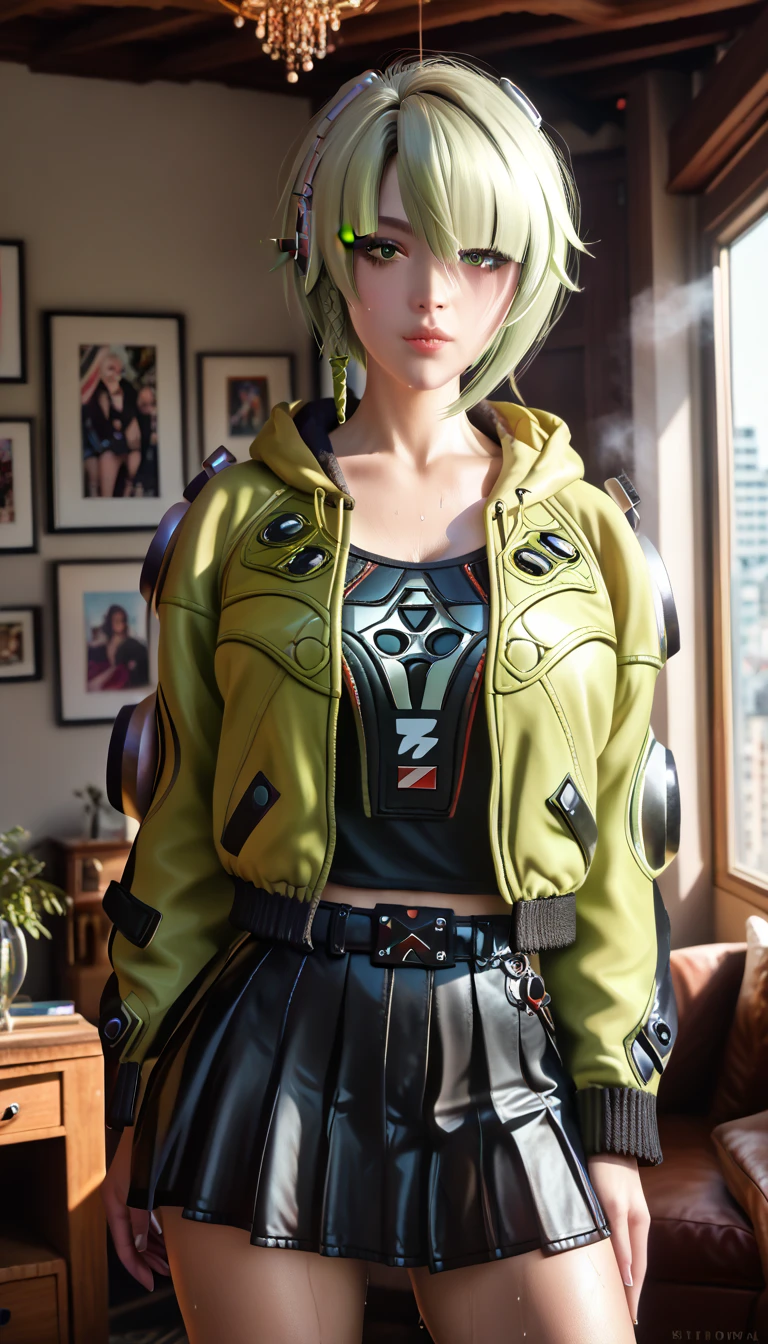 a woman with (light green jacket:1.3),black skirt,clothed,,collarbone,,looking at viewer,(sexy look pose:1.3),Steam,sweat,richhome,(Zenless Zone Zero character Anby Demara),adult,(dark skin2.0),, detailed eyes, detailed lips, detailed face, intricate detailed face, beautiful woman, sensual, intimate, erotic, highly detailed, photorealistic, 8k, hyper realistic, masterpiece, (best quality,4k,8k,highres,masterpiece:1.2),ultra-detailed,(realistic,photorealistic,photo-realistic:1.37), cinematic lighting, dramatic lighting, chiaroscuro, soft lighting, warm colors, intimate, sensual, erotic, adult content