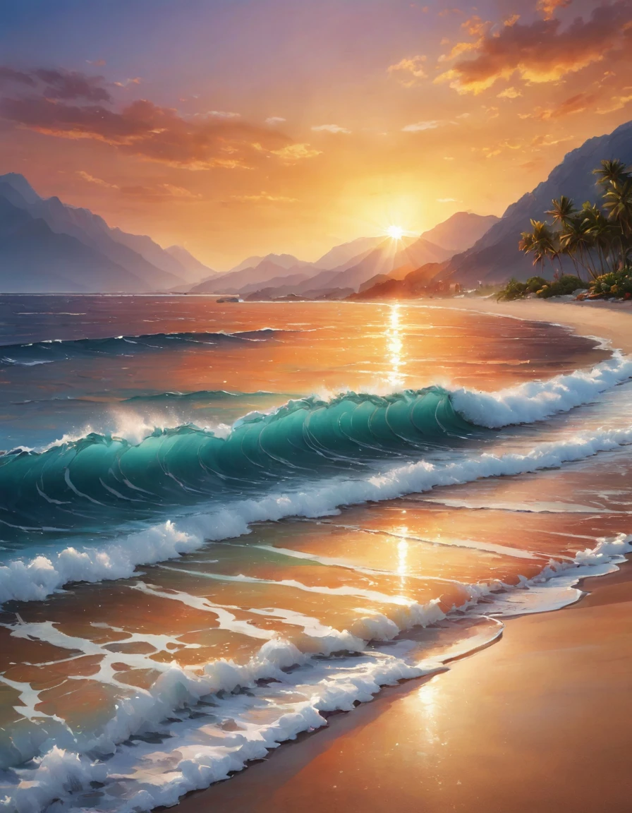 sunset on the beach  with waves and mountains in the background, the most Beautiful sunset,  that shows the beach at sunset , Stunning sunset, Golden Sunset, Beautiful sunset,  beach Background sunset , sunset on the beach , warm beautiful scene, beautiful sunrise,  A gorgeous romantic sunset , sunset on the beach ,  bright sunrise , Spectacular sunset, beautiful sunrise lighting, Beautiful sunset glow, яркий закат  realistic image , masterpiece,  artwork ,  hyperrealistic, rendering ,  realistic physical rendering ,  photorealistic rendering ,  highly detailed ,  high-quality render ,  architectural rendering ,  very realistic 3D render ,  realistic image 