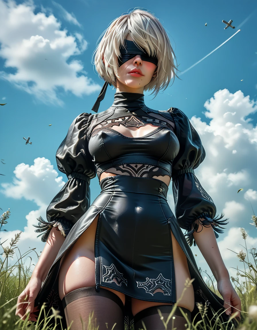 1woman, (2B), (Nier Automata: 2B), embarrassed look, blushing, (detailed face), beautiful lips, white hair in a bob style, blindfold over eyes, pale skin, (fitted, 3/4 cropped, (black) tomboy style skirt:1.27), (high side slit in dress), (high legged unitard under skirt:1.27), absolute territory showing, (black thigh high pantyhose), skindentation, stiletto heels, erect nipples, wielding giant oni o-katana over shoulder, viewed from slightly below, on a grassy hill, wind motion in the grass