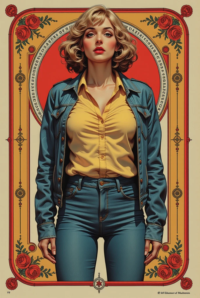 muted vivid colors, 70s abstract poster illustration, mid-aged woman in tight denim jeans and blouse and denim jacket,  indulging in a shameful fetishes with despair and ecstasy , sexy plunged sinking in a sludge pit bog , floral patterns and symbols, 