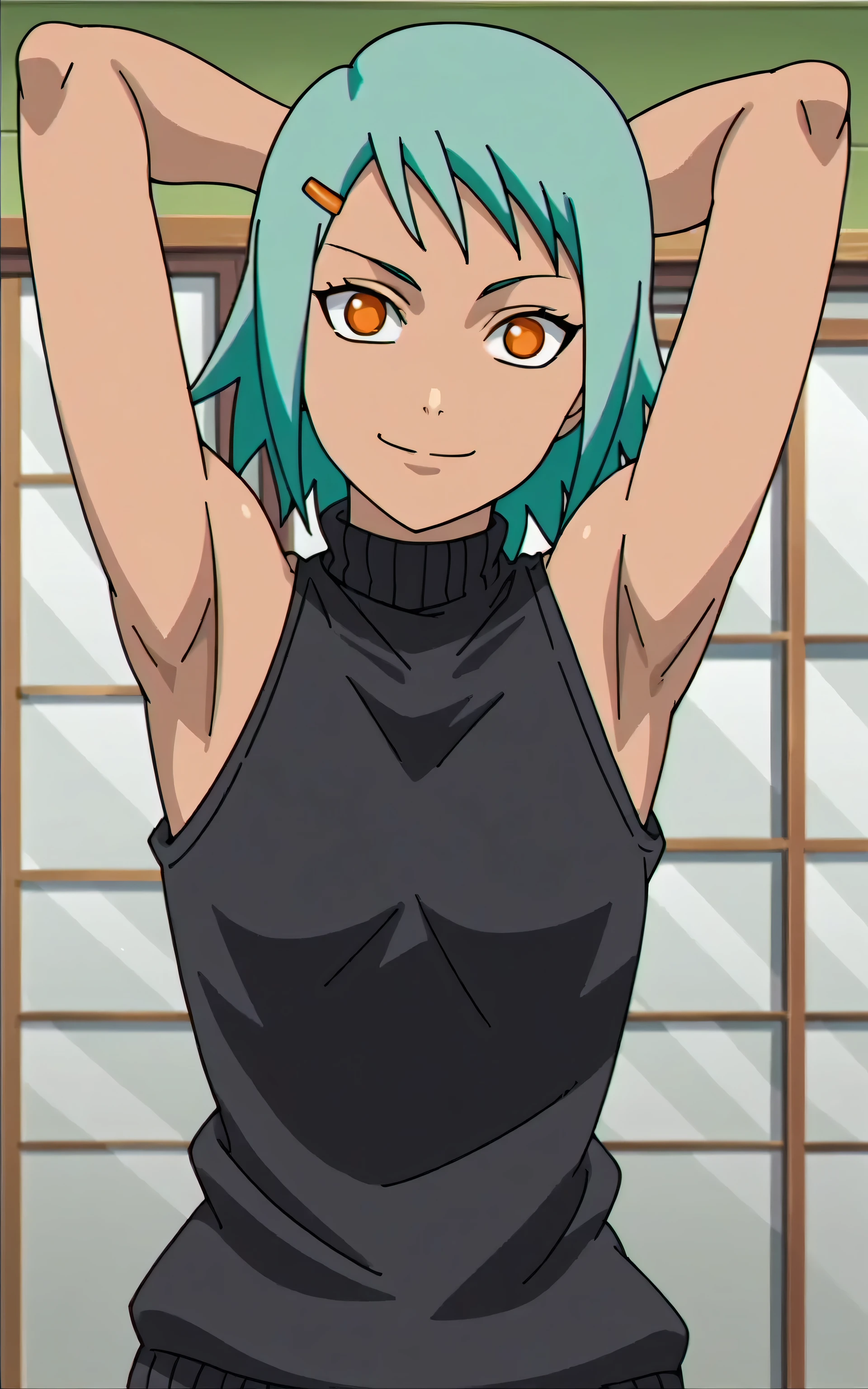 score_9, score_8_up, score_7_up, source_anime, anime screencap, 1girl, solo, fuu, bare shoulders, bare arms, hairclip, black sweater, sleeveless sweater, ribbed sweater, turtleneck, arms behind head, armpits, looking at viewer, head towards viewer, smile, closed mouth, badhandv4, indoors 