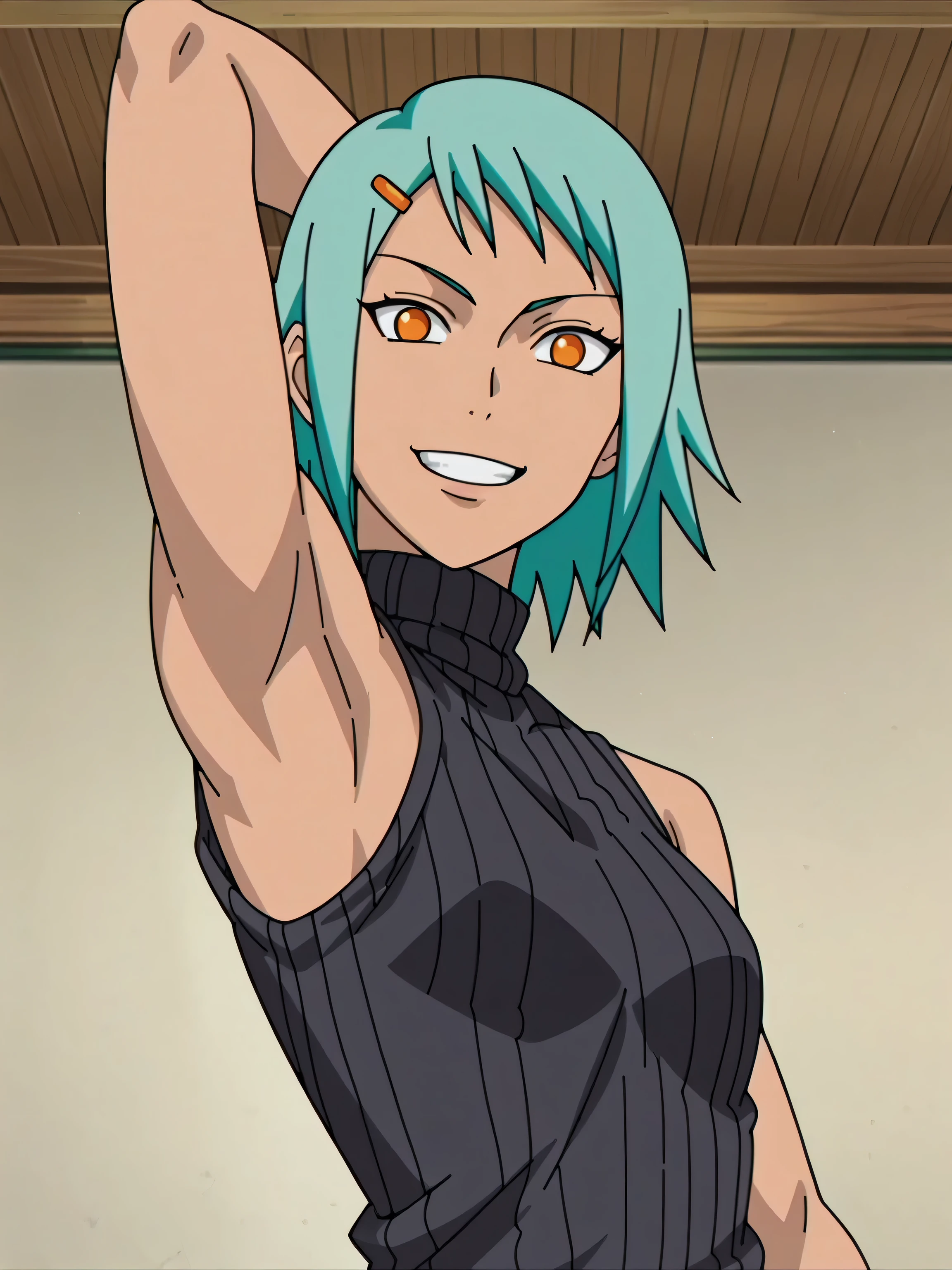 score_9, score_8_up, score_7_up, source_anime, anime screencap, 1girl, solo, fuu, bare shoulders, bare arms, hairclip, black sweater, sleeveless sweater, ribbed sweater, turtleneck, arms behind head, armpits, looking at viewer, head towards viewer, smile, closed mouth, badhandv4, indoors 