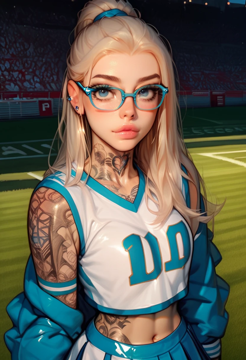 score_9, score_8_up, score_7_up, score_6_up, 1girl. young, 18 years old, cute, square glasses. sexy cheerleader. very thin. very fit. tattoos. football field background. toned body
