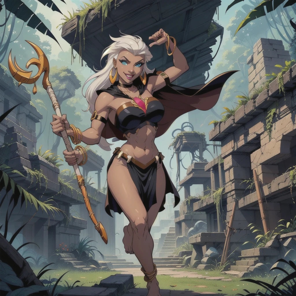 1girl, detailed, masterpiece,HDR, detailed sharp, best quality, 
solo, 
large breasts,
illustration,comic style,
jungle, ruins, temple, nature,
dynamic pose, magic, holding staff, barefoot,
Queenla_DG, jewelry, dark skin, cape, bracelet, makeup, staff, neck ring, armlet, pelvic curtain, earrings, tube top, aqua eyes, white hair, long hair, loincloth, ((masterpiece,best quality)), absurdres, holding a magic staff, wearing a silver star necklace, really happy, other hand in her hair, muscular woman,