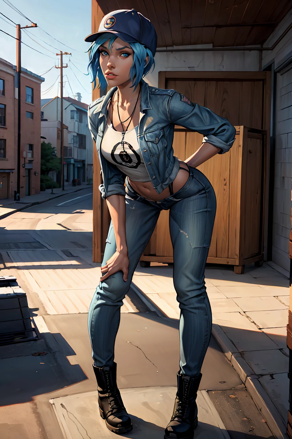 ((masterpiece, best quality)),(complex lighting) ,solo,(((1girl))) ,chloe price, light skin,light-skinned female, baseball cap, black cargo shorts, blue eyes, tight pants, combat boots, shirt, short hair, blue hair, one short ponytail, open denim jacket, huge butt, thicc butt , (((8k))), (((full body))), (((bent over))), (((looking at the viewer)))