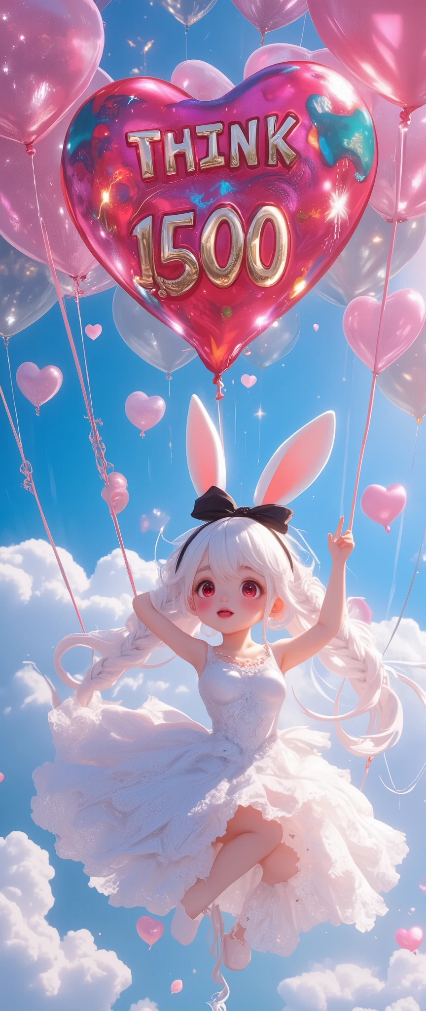 Cute pop balloons shaped "THANK 1500". Pop and vivid and comical and colorful and cute art. Everything floating under zero-gravity weightlessness. gorgeous and colorful heart marks and star marks. rabbit girl\(chibi,cute, kawaii,red eyes,white rabbit ears, wearing pretty white dress embroidered with shiny white silk, luxuriously braided long white hair, big black hair bow, amazed face, smile, cute pose, waving hand, idol\) floating in air. everything floats up to sky. Happy mood, grateful mood. Thanking. beautiful sky. anime style.Perfect hand,Detailed hand,