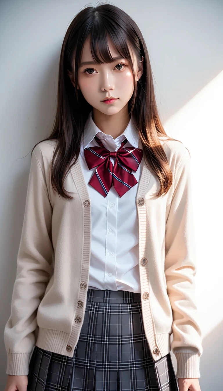  score_9, score_8_up, score_7_up, source_photograph,
 realistic ,photograph,( sharp concentration),(backlit photograph:1.4),Dramatic Shadows,Raw lighting, dynamic angle,
break
Japanese girl,
 dark eyes,( small eyes :1.1),
 slender round face ,
( school uniform),
( outer is a light beige cardigan :1.2),
(Wrist Sleeves :1),
(  inner is a white collar shirt :1.2),
( red string neck bow :1.1),
break
( bottoms are black and gray plaid skirt:1.2),( pleated skirt,   Mini Skirt:1.2),
Outdoor,upper_body , Female Teacher、actress、Idol、White beautiful skin、