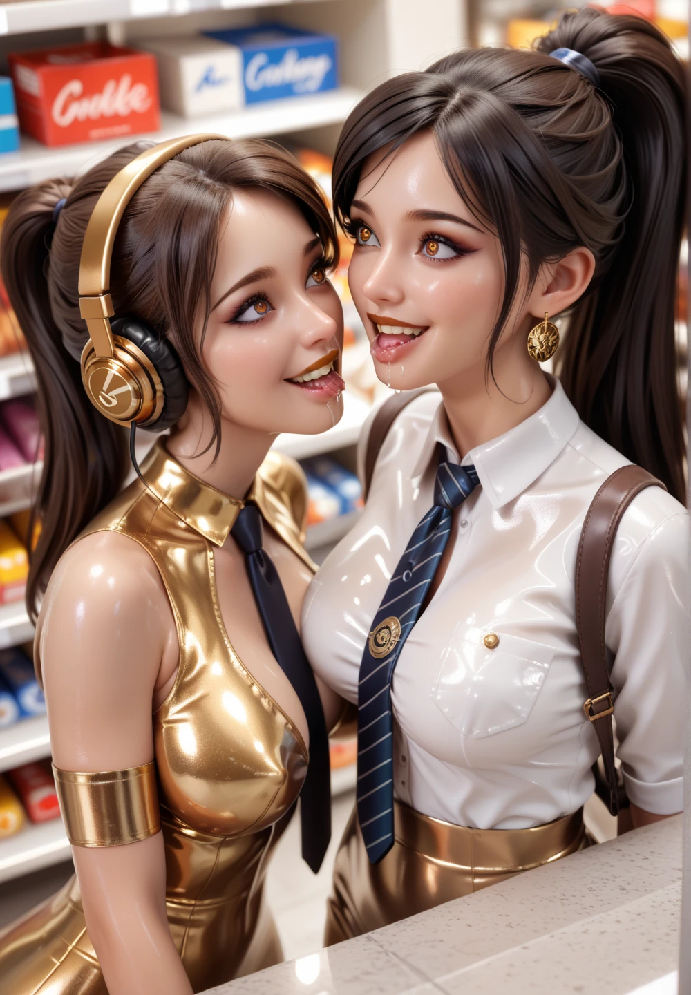 Mother and 3 girls buttoned in extremely tight shiny golden latex blouse,  ponytail,  brown hair , smile, saliva, salivafluss, salivaspur, Spiral eyes, Lens reflection, Reflected light, Are there heavy gold makeup in the clothes store and shopping,  very strong shiny skin,from above, Ultraweitwinkel, shiny gold lipstick, headphones, Necktie, black hair, kiss