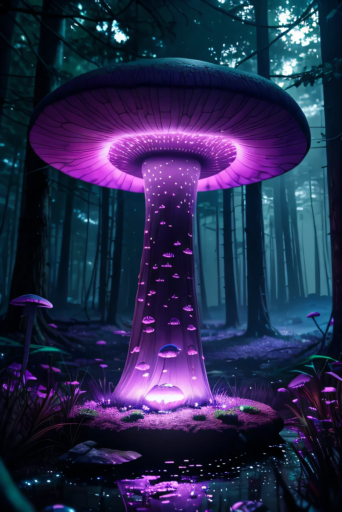 Imagine a large purple luminous mushroom in the middle of an ominous forest full of strange plants and clear water, cyberpunk,  volumetric, cinematic lighting, very high quality