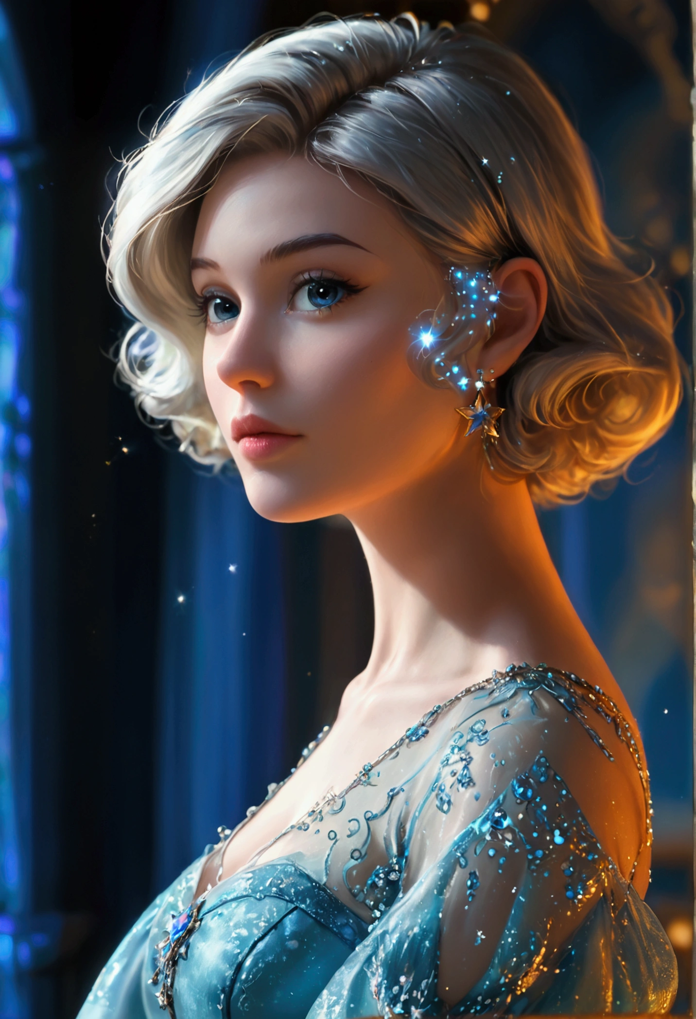 (realistic,photorealistic,photo-realistic:1.37), A female animated character with a short, voluminous hairstyle in a retro-glamorous style. (Her hair is a shimmering silver, styled into a rounded bob cut with substantial volume on the top and sides. The ends are softly curled, and a perfectly aligned short fringe elegantly frames her face.) She wears an elaborate, full-length blue gown (crafted from layers of flowing, semi-translucent fabric) that glimmers with intricate embroidery and shimmering details (resembling starlight or constellations). The dress features a fitted bodice (accentuated with delicate, swirling patterns) and translucent, billowing sleeves (that give her a celestial, magical aura). The skirt cascades gracefully to the ground (forming a slight train that adds an air of regality). She holds a gleaming wand in her hand (with a sparkling star at the tip), and her pose is poised and commanding, exuding a blend of wisdom, warmth, and theatrical flair. Her shoes are delicate, crystal-like heels (that catch the light with a prismatic glow), completing her enchanted, sophisticated appearance. The scene emphasizes her magical presence and full-body elegance, with soft lighting (casting a halo-like glow around her figure) and a dreamy, starry background.