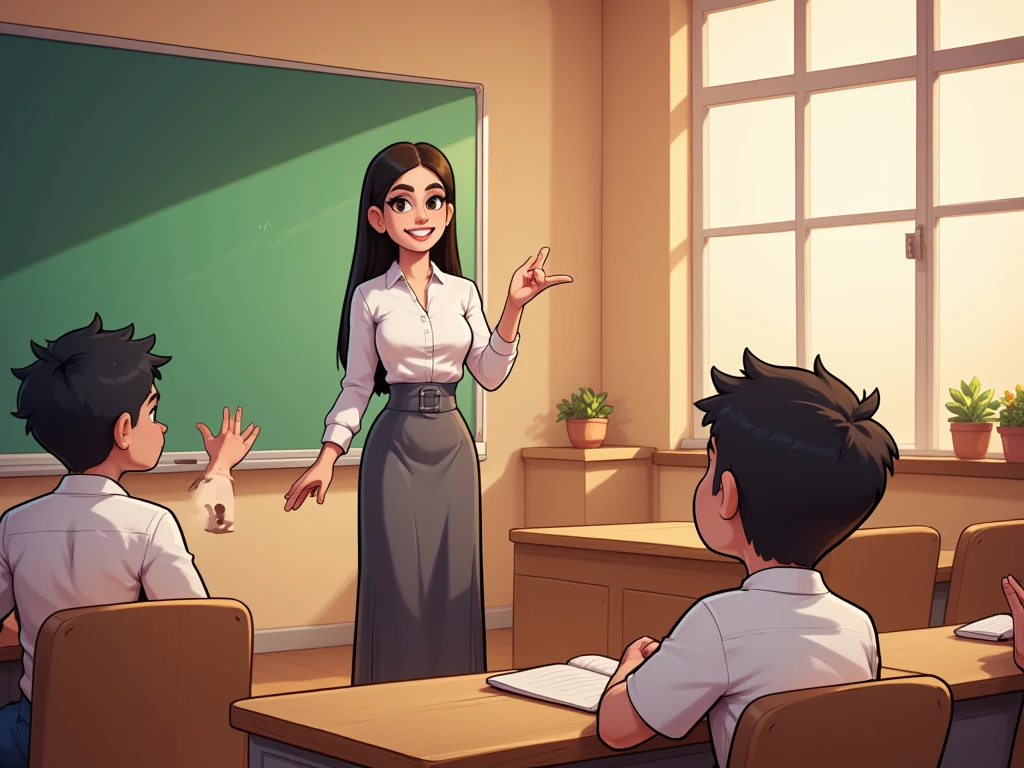 A modern classroom scene with a confident hijab female teacher in a white blouse and long grey skirt, smiling as she engages with her students. Students in white shirts sit neatly at desks, one  raises his right hand to show his eagerness to participate in the lesson. In the bright and uncluttered classroom, a green blackboard, warm lighting and colourful classroom materials create a positive learning environment. hand draw, cartoon style