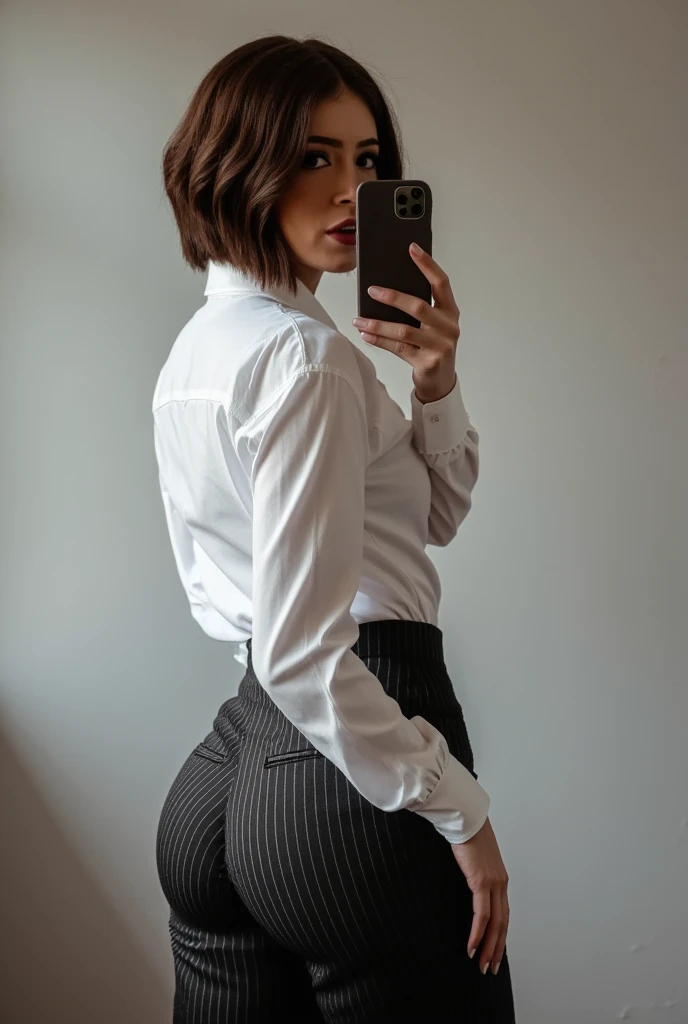 a beautiful skinny Chrissy, butt mirror selfie, short hair, wearing a white shirt, with a stripped suit pants, shirt collar, window light with deep shadows, background, wide hips and small waist, flux, round ass, stylized body, back view, looking back at the viewer, thick thighs, full body image
