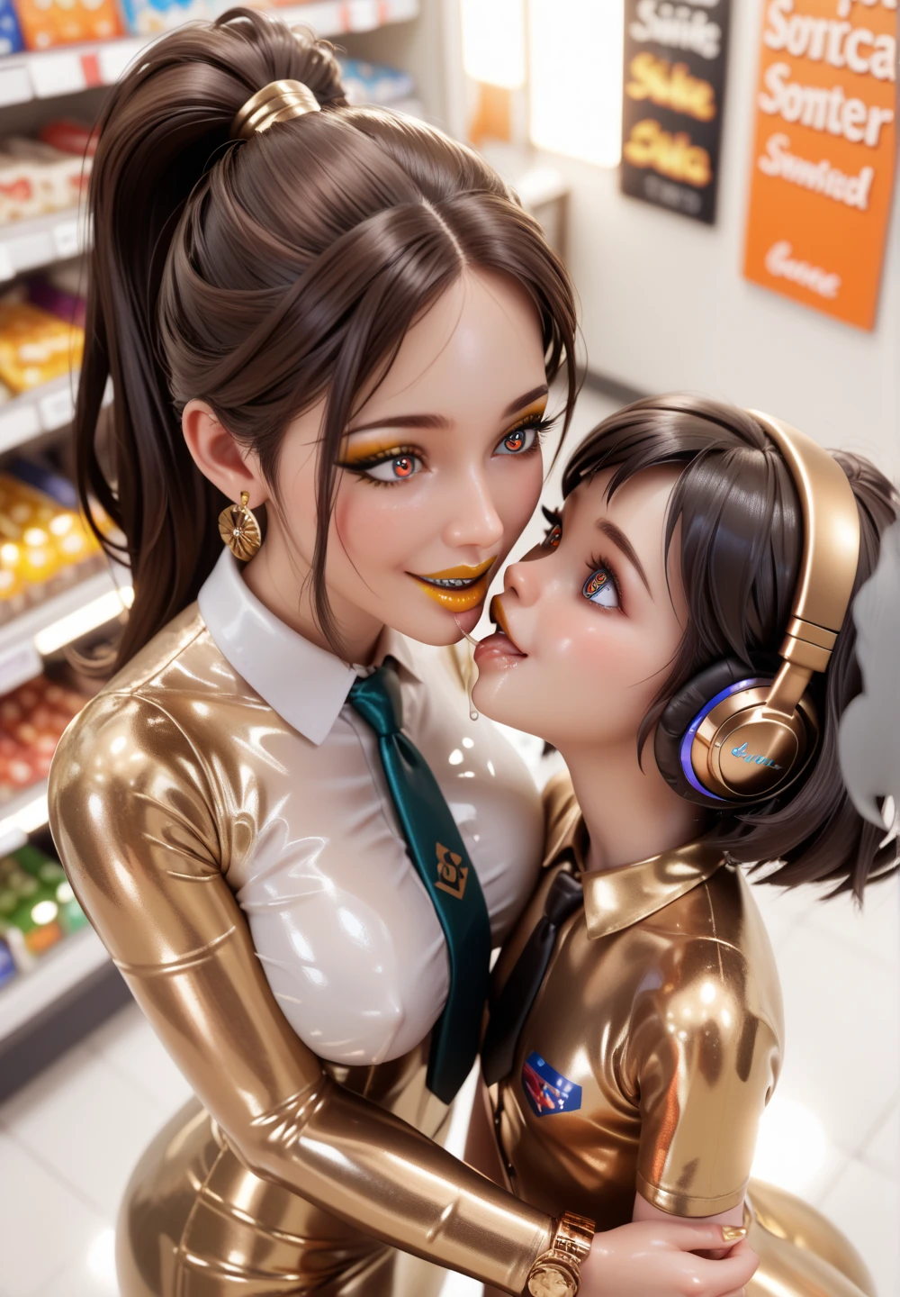 Mother and young daughter buttoned in extremely tight shiny golden latex blouse,  ponytail,  brown hair , smile, saliva, salivafluss, salivaspur, Spiral eyes, Lens reflection, Reflected light, Are there heavy gold makeup in the clothes store and shopping,  very strong shiny skin,from above, Ultraweitwinkel, shiny gold lipstick, headphones, Necktie, black hair, kiss