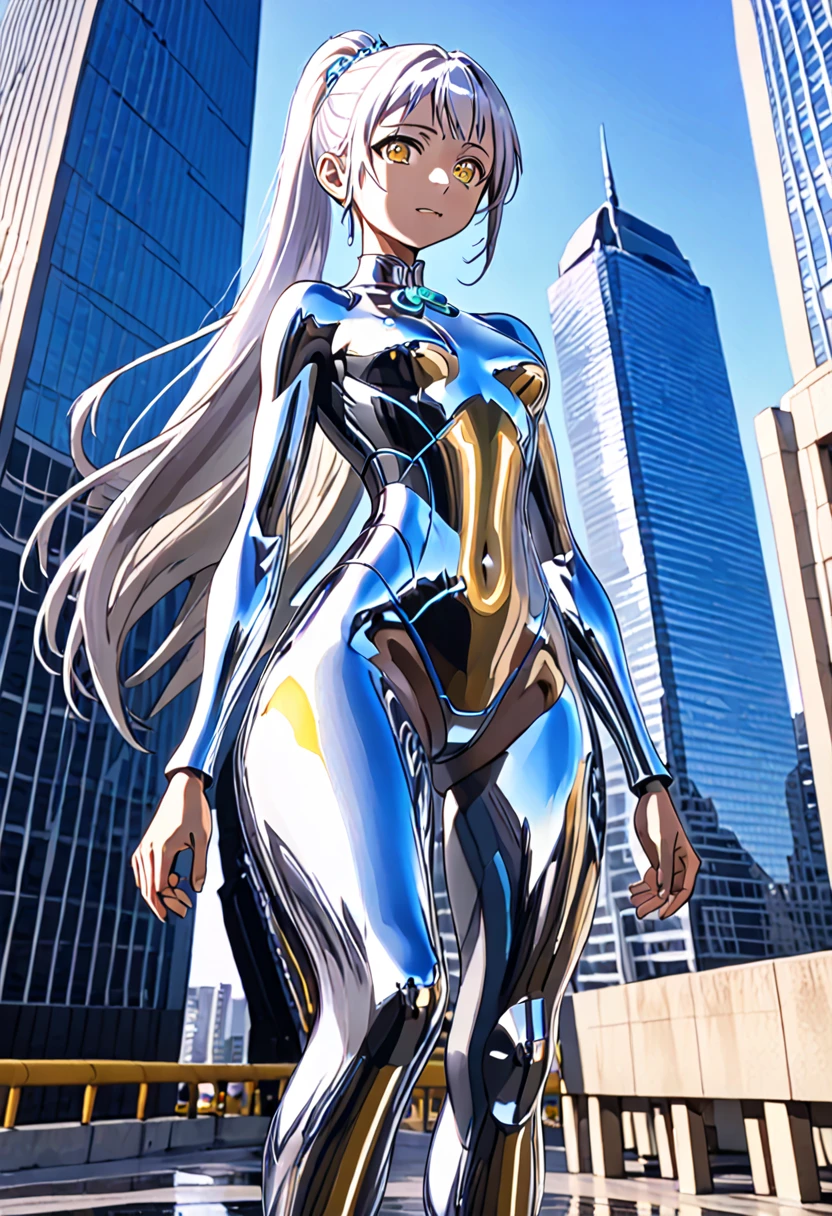 1girl, solo, anime style, 4k quality, masterpiece, best quality, sword art online, yui, long hair, blunt bangs, white hair, very long hair, high ponytail, barefoot, ultrawoman, robot, colored skin, glowing eyes, yellow eyes, flat chest, giantess, giant, metallic face, metallic skin, shiny skin, chrome skin, chrome face, gem on chest, colour timer on chest, chest jewel, blue jewel, muscular, thick_thighs, looking at viewer, full body, smile, open mouth, standing, giantess, outdoor, city, citycape, skyscrapers, ral-chrome