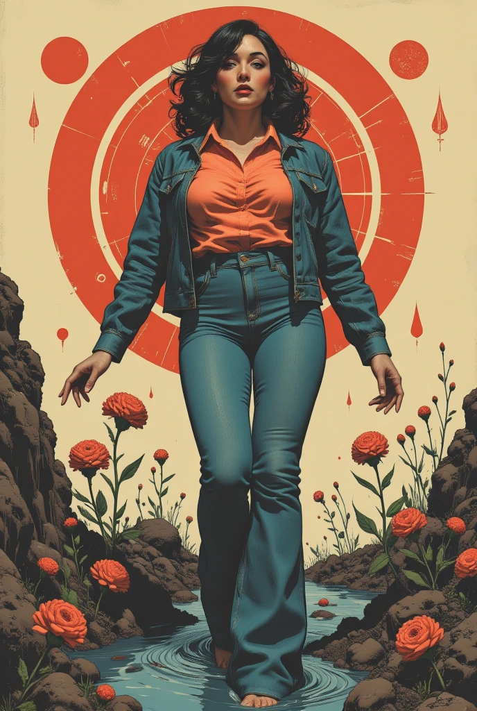 muted vivid colors, 70s abstract poster illustration, mid-aged woman in flared tight denim jeans and blouse and denim jacket,  indulging in a shameful fetishes with despair and ecstasy , drowning in a sludge pit swamp, floral patterns and symbols, long strong legs