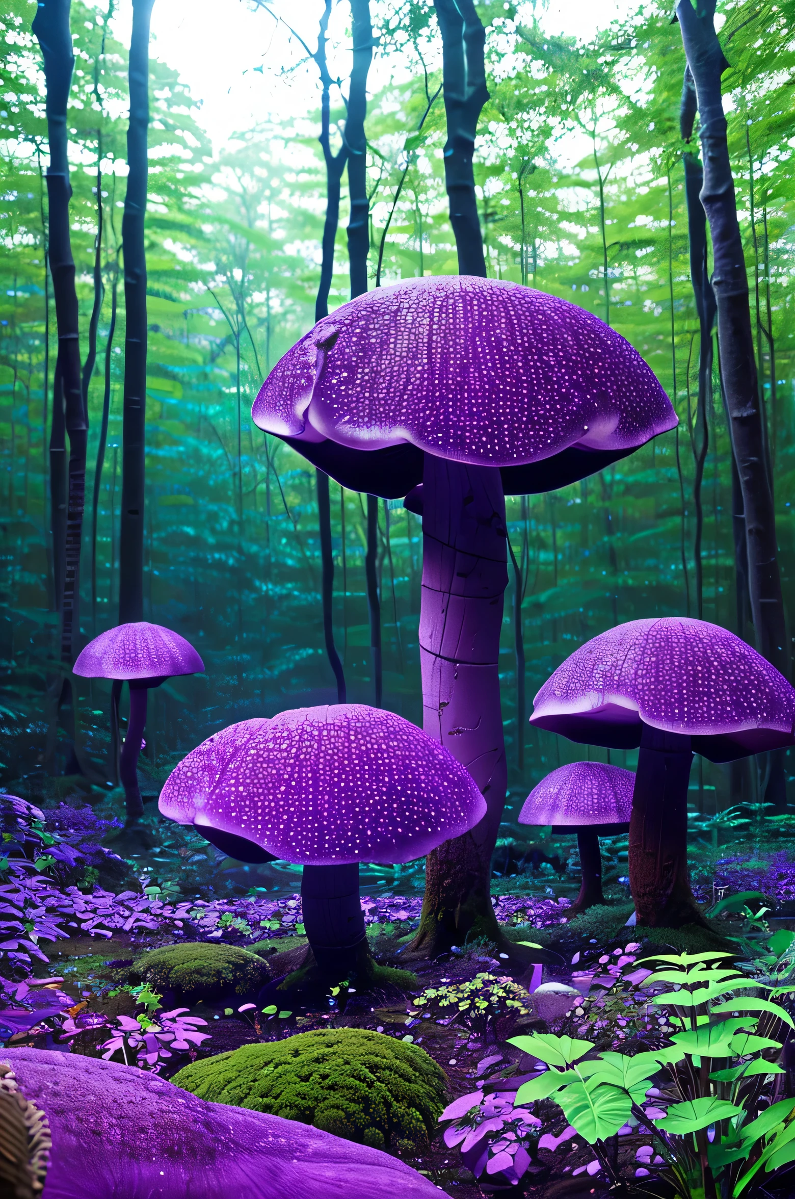 Imagine a large purple luminous mushroom in the middle of an ominous forest full of strange plants and clear water, volumetric, cinematic lighting, very high quality